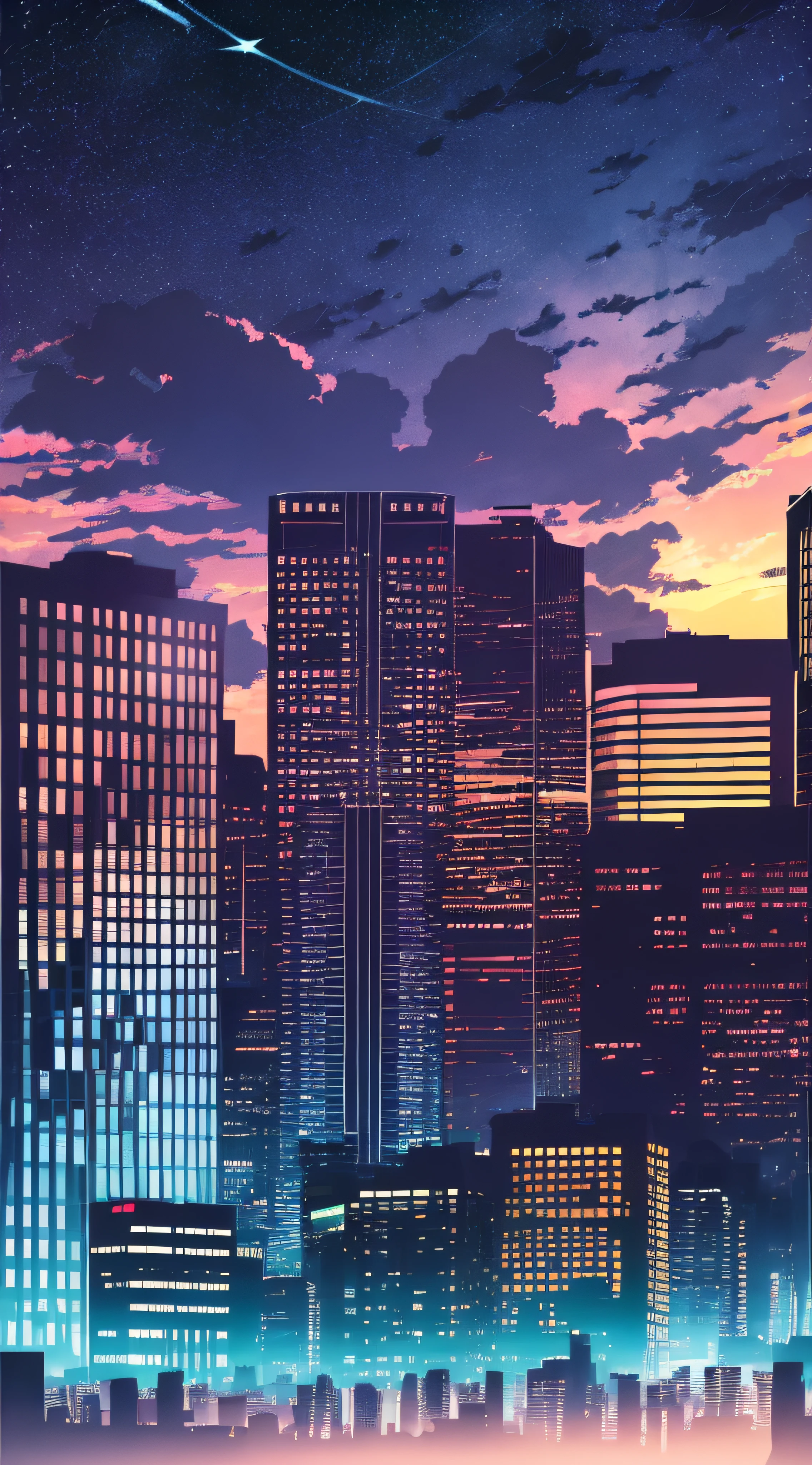 anime,silhouette,1girl, star (sky), cloud, cityscape, building, city, outdoors, skyscraper, city lights, night, night sky, sunset, skyline