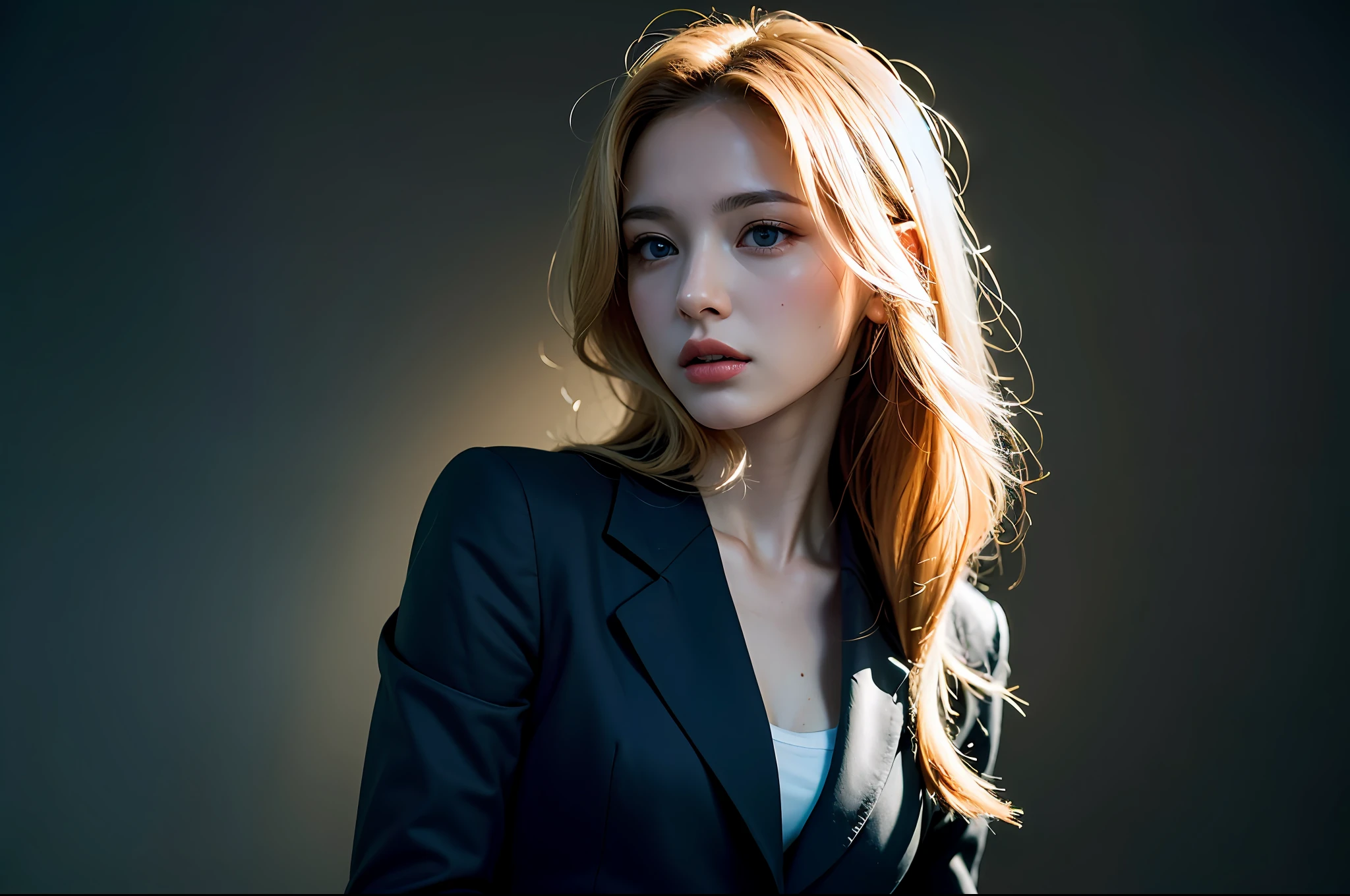 Best quality, masterpiece, ultra high res, (photorealistic:1.4), raw photo, 1girl, blonde hair, blue eyes, detailed eyes and face, black suit, dynamic lighting, in the dark, deep shadow, low key, cowboy shot full-lenght body