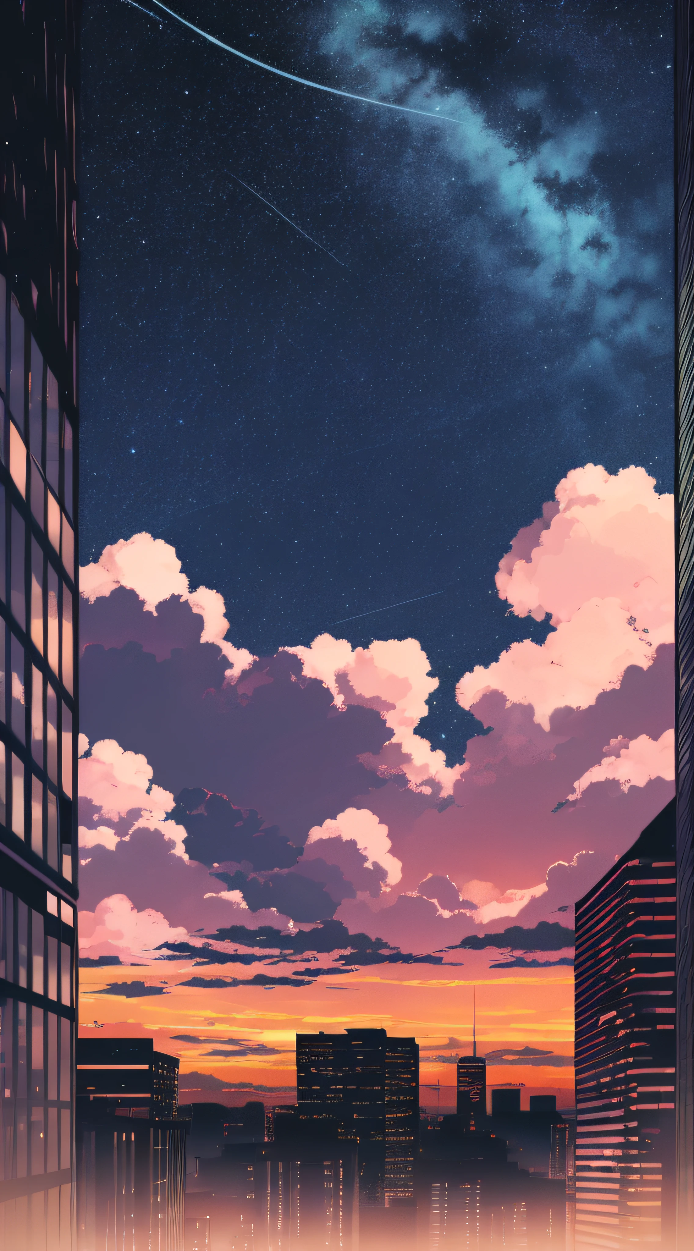 anime,silhouette,1girl, star (sky), cloud, cityscape, building, city, outdoors, skyscraper, city lights, night, night sky, sunset, skyline