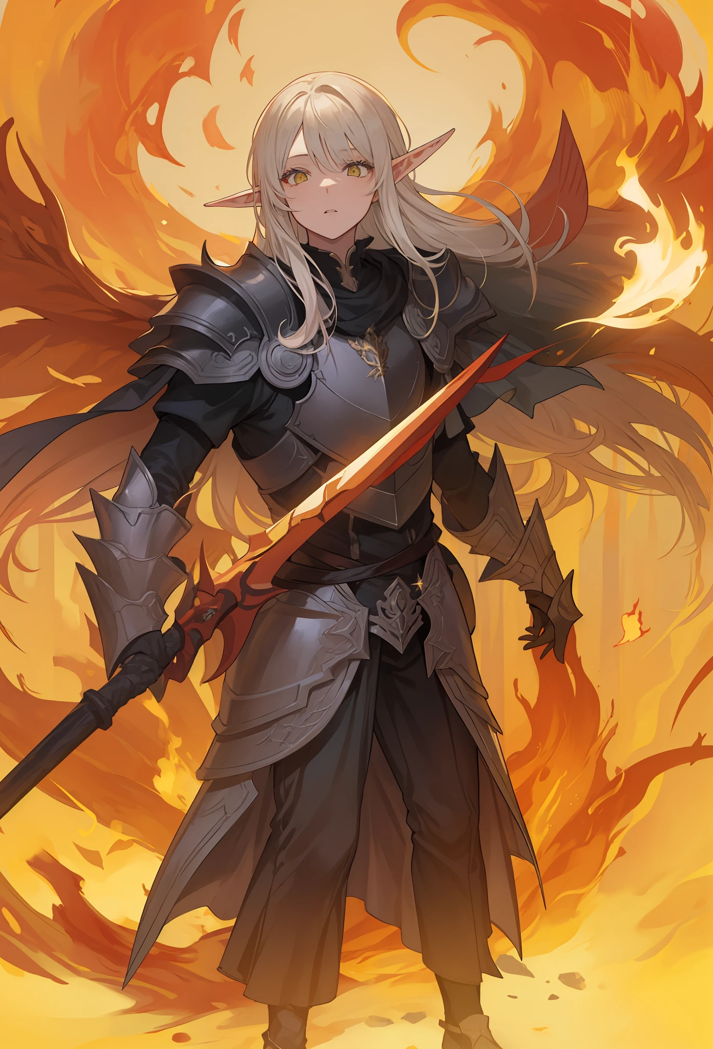 Masculino, pele morena,elf, olhos amarelo,4k,no meio do fogo, Dark kingth armor Full body, Dark fantasy, segurando uma espada,tons de calor