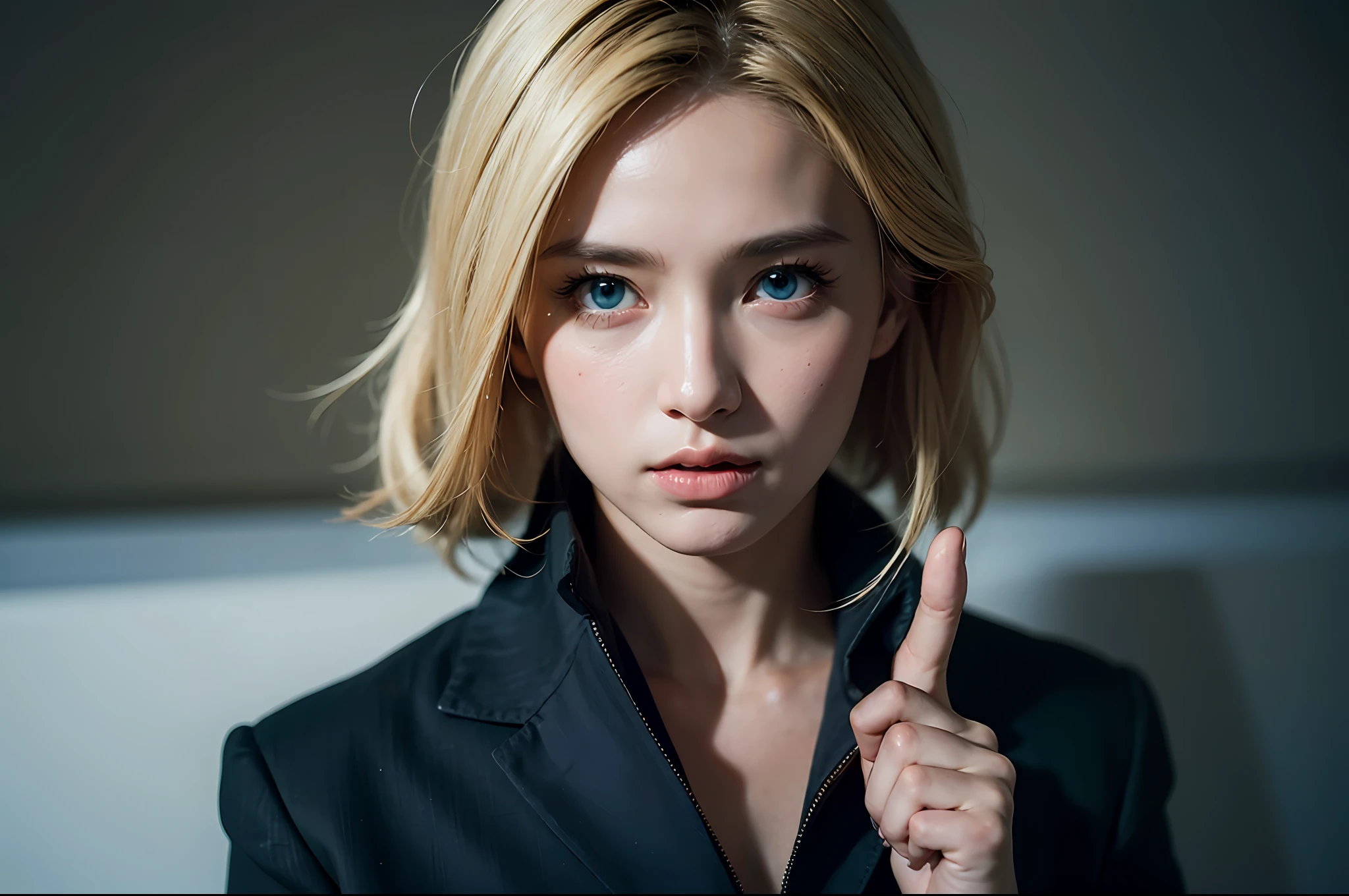 Best quality, masterpiece, ultra high res, (photorealistic:1.4), raw photo, 1girl, blonde hair, blue eyes, detailed eyes and face, black suit, dynamic lighting, in the dark, deep shadow, low key, cowboy shot full-lenght body