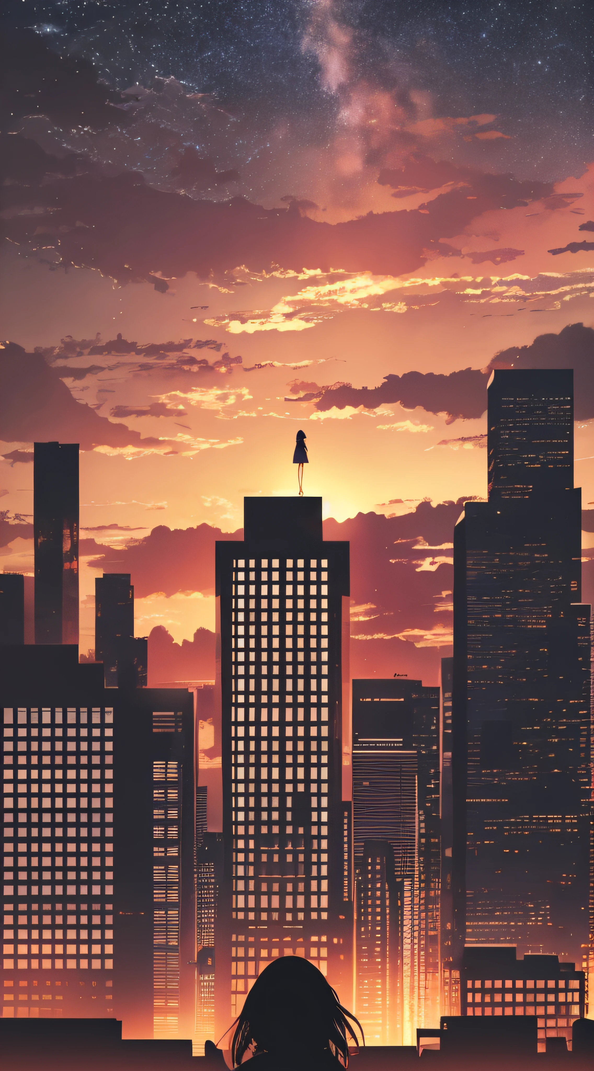 anime,silhouette,1girl, star (sky), cloud, cityscape, building, city, outdoors, skyscraper, city lights, night, night sky, sunset, skyline