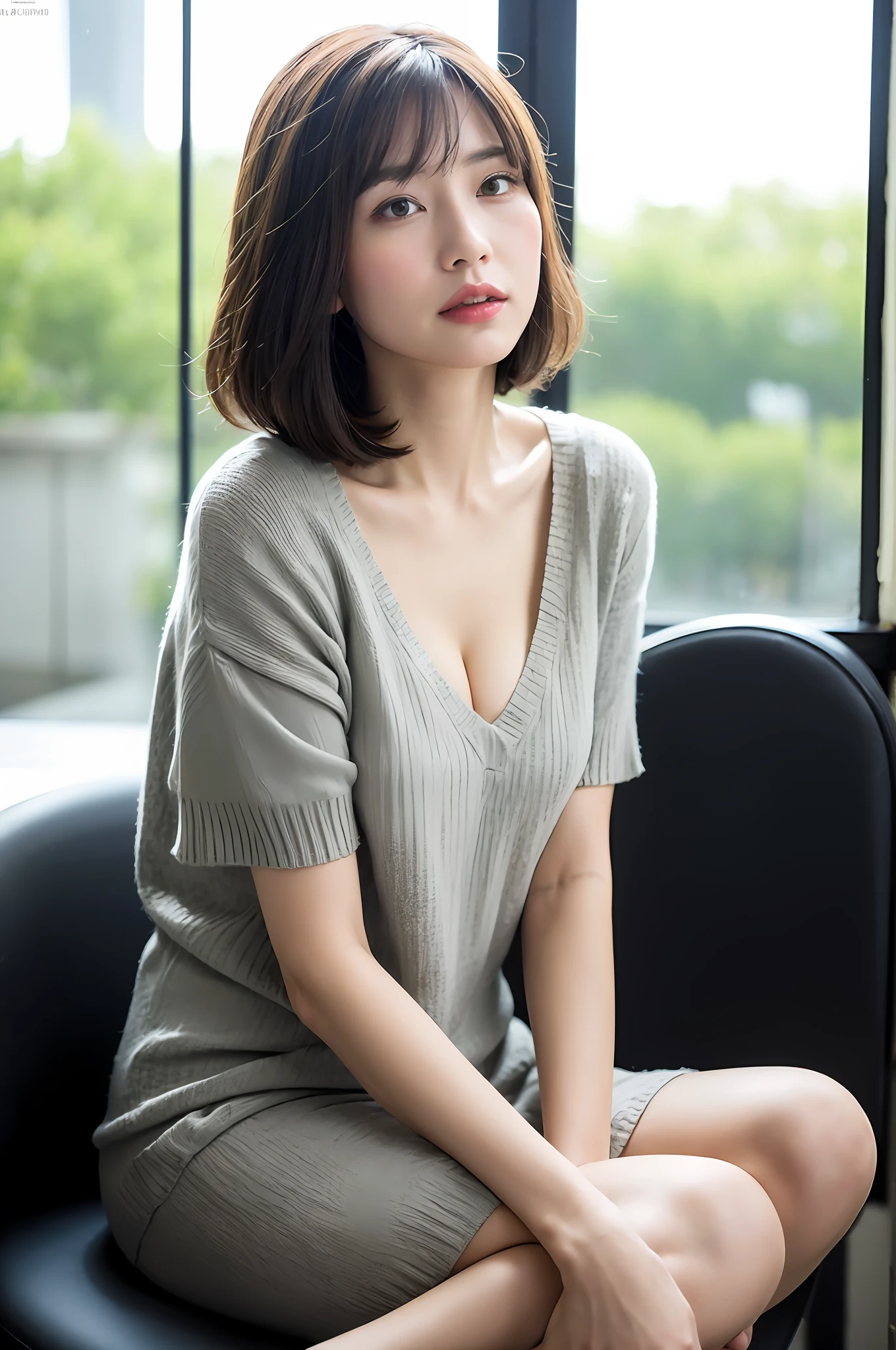 beste-Qualit, ​masterpiece, A high resolution, 1girl in, beautiful and flawless face, Bob Layer Cut, Knitwear with short sleeves, mini-skirts、intricate-detail, Cinematic feel, 8K, highly detaile、hugetits、Angle from the side、up chest、Beautifully face、Full body shot、1 persons、Bright office with sunshine、Large windows、sitting on、Raise one leg to the chair、Holding your knees、Futomo、Panchira、45 yers old、(wrinkled:0.9)、Elegant face、You can clearly see the shape of the chest、up chest、open one's legs、Small breasts、Open your crotch、