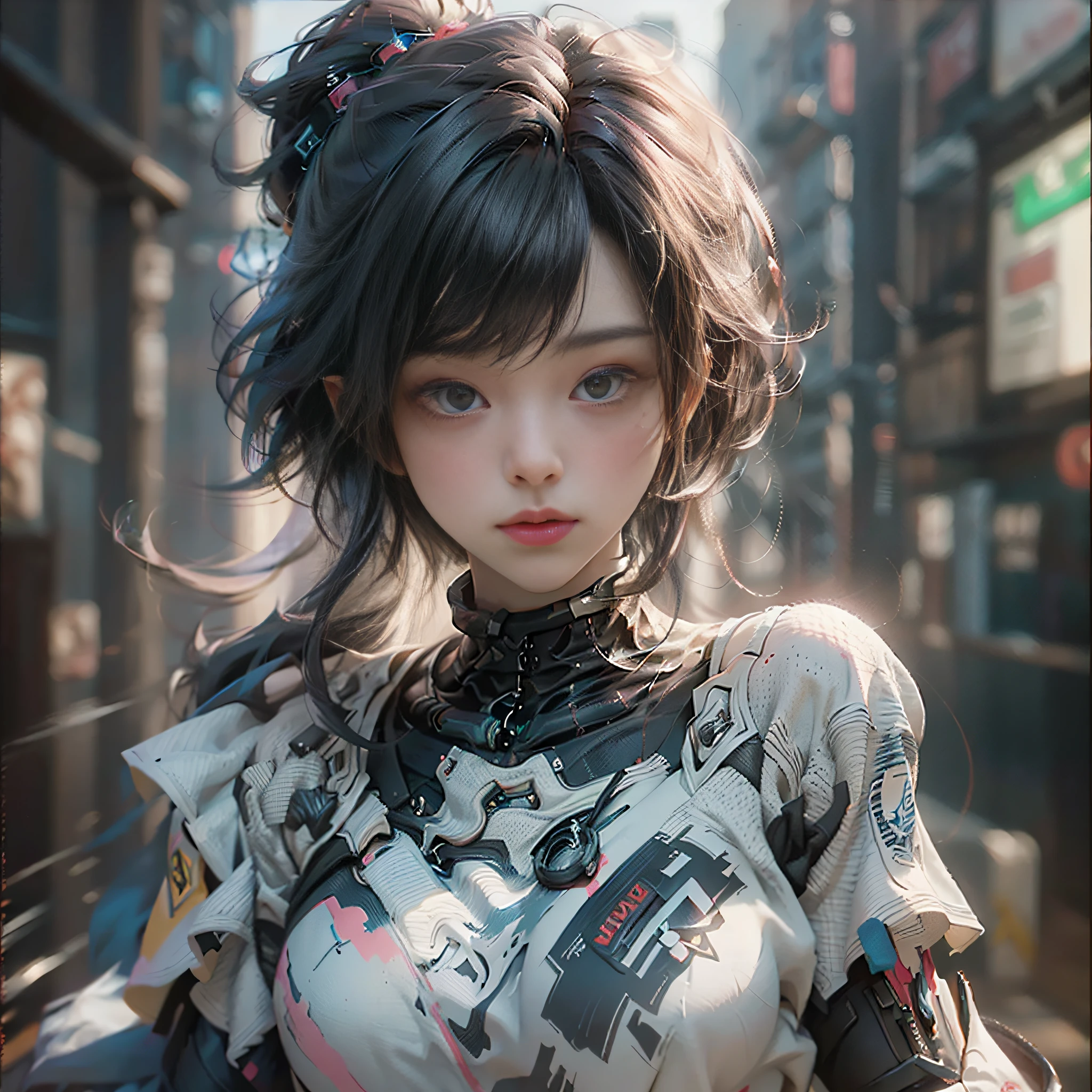 ((Best Quality)), ((Masterpiece)), (Detail: 1.4), (Extremely Detailed CG Uniform 8k Wallpaper), 3D, A Beautiful Cyberpunk Female Figure, HDR (High Dynamic Range), Ray Tracing, NVIDIA RTX, Super-Resolution, Unreal 5, Subsurface Scattering, PBR Texture, Post-processing, Anisotropy Filtering, Depth of Field, Maximum Sharpness and Sharpness, Multi-layer Texture, Albedo and Highlight Maps, Surface coloring, precise simulation of light-material interactions, perfect proportions, Octane Render, two-color light, large aperture, low ISO, white balance, rule of thirds, 8K RAW, finger detailing, refined facial features, focus on the face