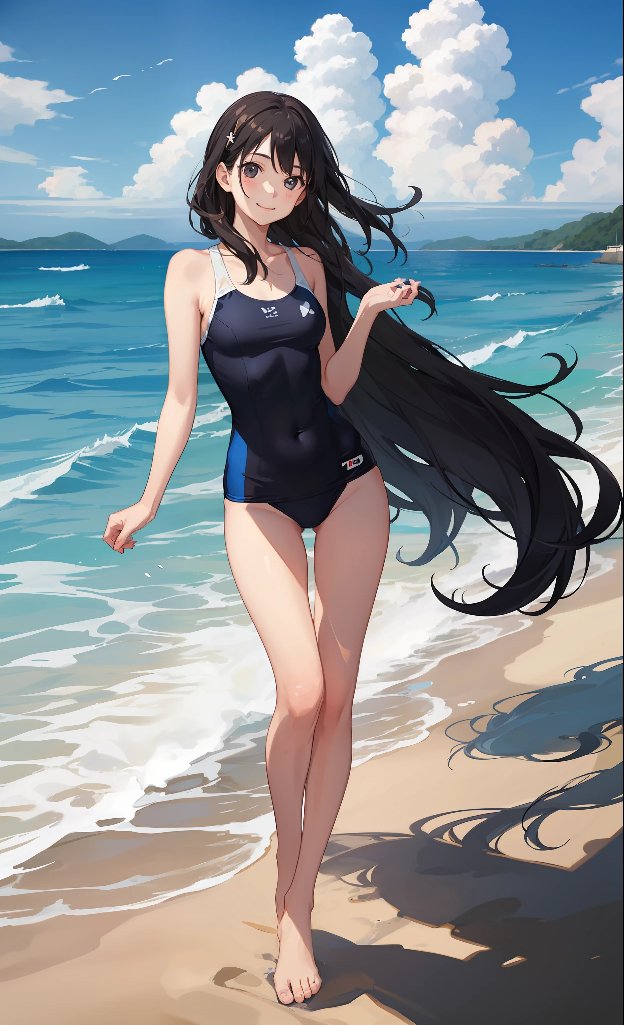 1girl in、A smile、Highlights in the eyes、(small tits)Chilarism、夏天、the ocean、sea bathing、(Wearing a cute swimsuit)、beach、the wind、suns、Portrait from the knee up、