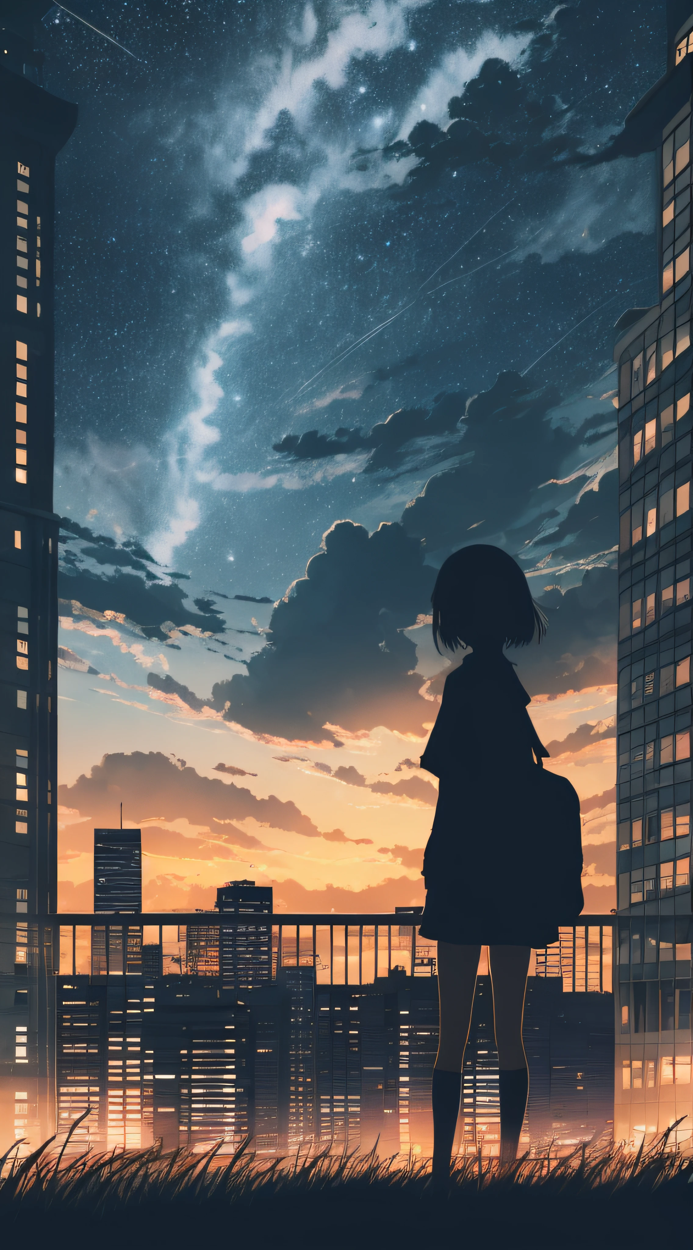 anime,silhouette,1girl, star (sky), cloud, cityscape, building, city, outdoors, skyscraper, city lights, night, night sky, sunset, skyline