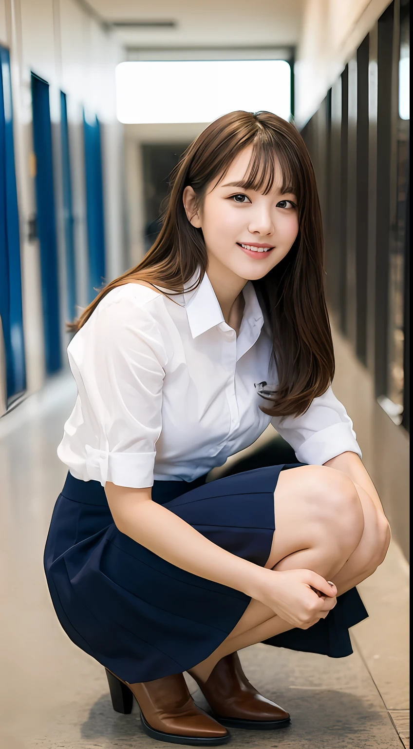 Very detailed 8k wallpaper)、foco nítido、in detail、drama、Delicate and beautiful schoolgirl、17歳、Sheer white shirt、Quite short skirt、ligh brown hair、hair adornments、Sexy、A smile、Peek at the viewer、Beautiful graphics、Bright school building、Full of students、clean legs、squatting down、