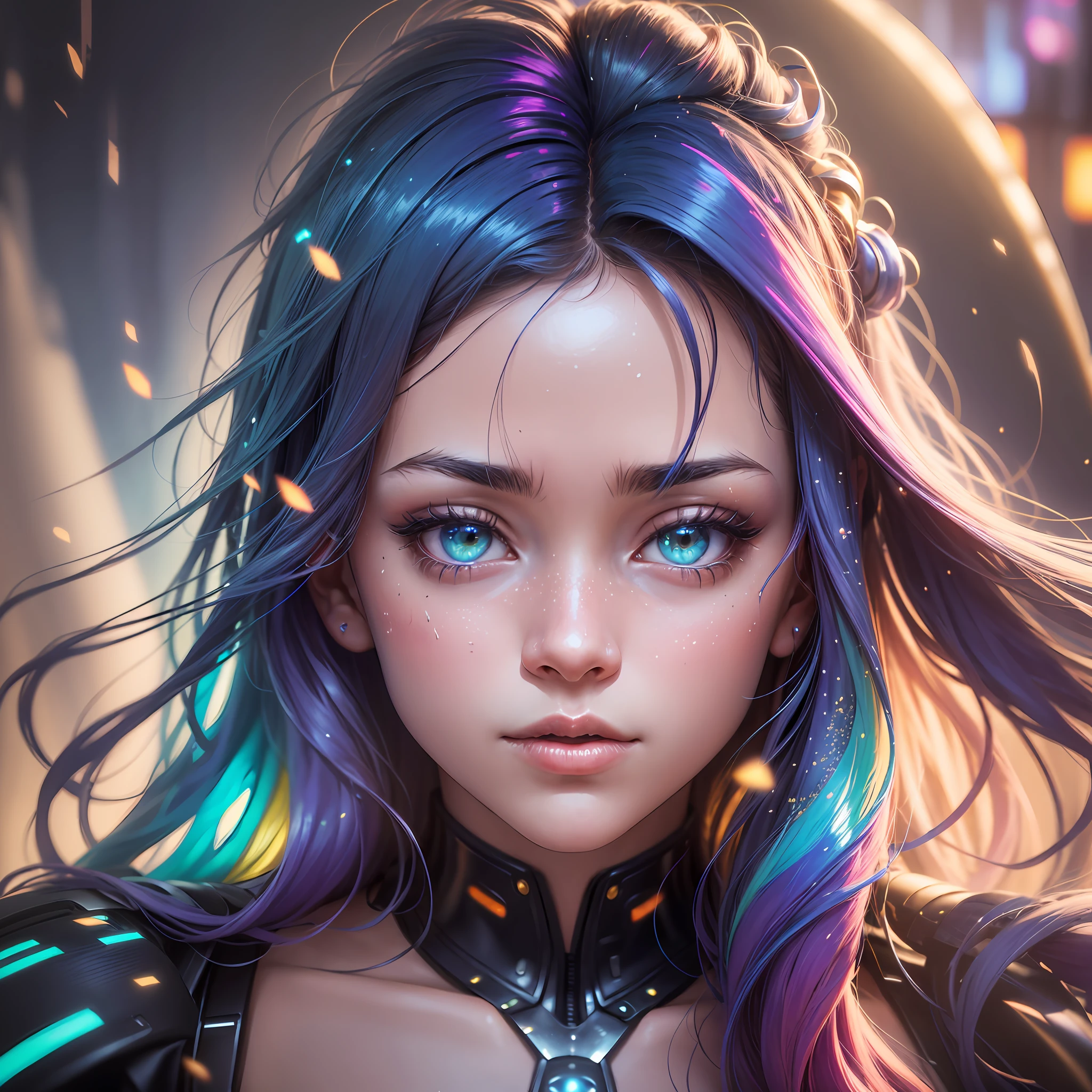 Mulher ninja com fone de ouvido sentido paz, olhos fechados, rosto bonito, cores RGB, cabelo roxo brilhante, colorido anime, fundo brilhante, Banner for youtube video, menina feliz, nuvens com cores RGB, cores RGB brilhantes, completo, ser celestial. --auto