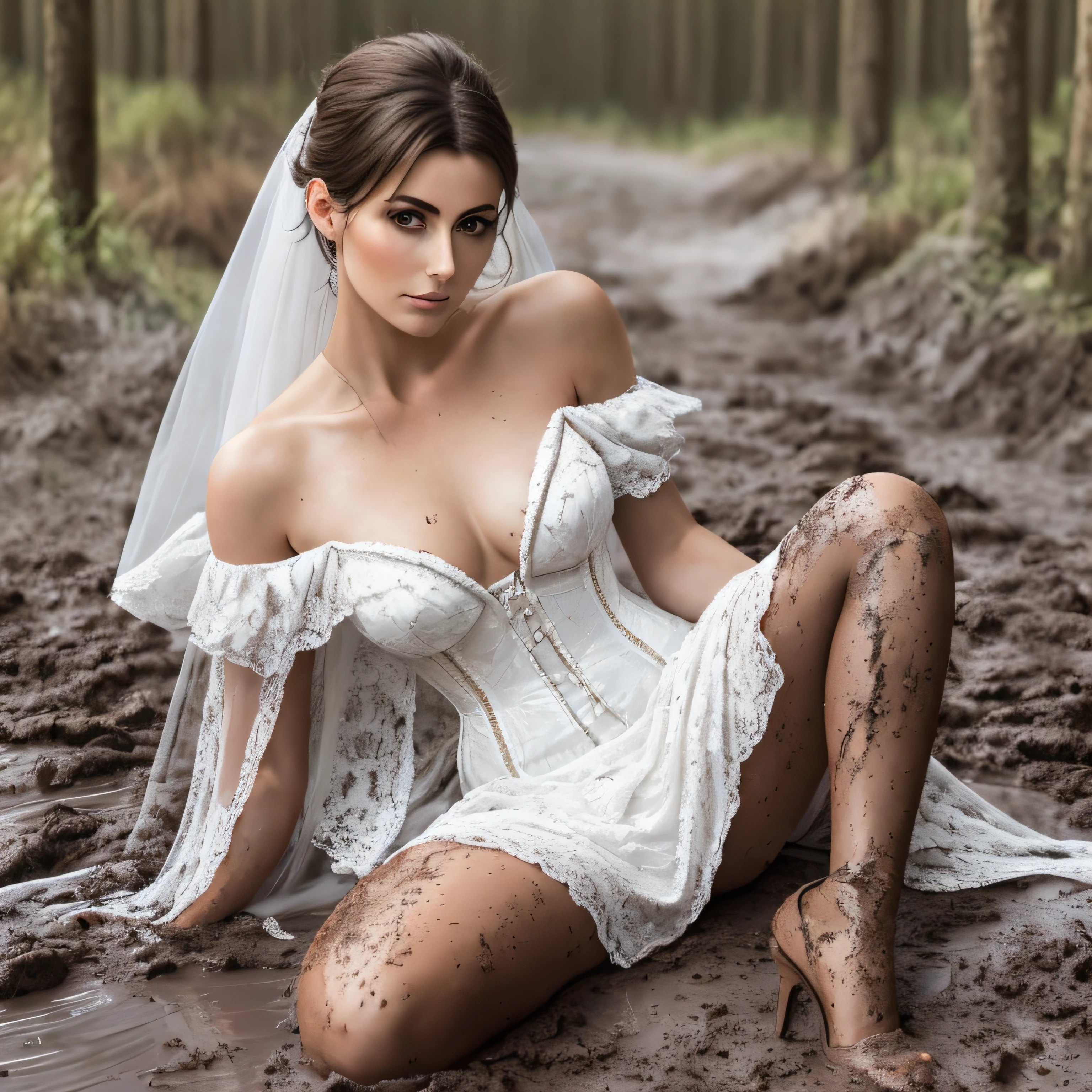 Hyperrealistische Fotografie, 2 Frauen stehen im Schlamm, Schlammspritzer im Gesicht, die Gesichter sind mit Schlamm verschmiert, 30-year-old women smeared with mud, Lena Meyer Landrut, long white gloves satin smeared with mud, short white prom gown white with Swarovski stones smeared with mud, Perlenkette mit Schlamm verschmiert, underbust corset weiß smeared with mud, ruffles, pointy pumps white high heels smeared with mud, Fishnet tights white smeared with mud, the entire body, schwarze lockige Haare mit Schlamm verschmiert, die Kleidung ist mit Schlamm verschmiert, High quality, realistische Beleuchtung, Bildmitte, Sanduhrproportionen, 8K, HDR, BDSM, medium breast size, lange Beine, professionelle Fotografie einer Frau, natural skin texture smeared with a lot of mud, 4K-Texturen, Adobe Lightroom, Fotolabor, HDR, kompliziert, elegant, sehr detailliert, scharfer Fokus, wahnsinnige Details, komplizierte Details, hyperdetailliert, Helles Kinolicht, Außenatmosphäre, Kinn hochgezogen, (exponierter Bauch: 1,8 ), (Fernaufnahme), dominanter Gesichtsausdruck