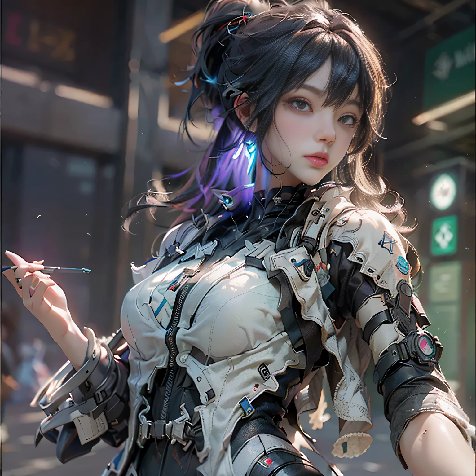 ((Best Quality)), ((Masterpiece)), (Detail: 1.4), (Extremely Detailed CG Uniform 8k Wallpaper), 3D, A Beautiful Cyberpunk Female Figure, HDR (High Dynamic Range), Ray Tracing, NVIDIA RTX, Super-Resolution, Unreal 5, Subsurface Scattering, PBR Texture, Post-processing, Anisotropy Filtering, Depth of Field, Maximum Sharpness and Sharpness, Multi-layer Texture, Albedo and Highlight Maps, Surface coloring, precise simulation of light-material interactions, perfect proportions, Octane Render, two-color light, large aperture, low ISO, white balance, rule of thirds, 8K RAW, finger detailing, refined facial features, focus on the face