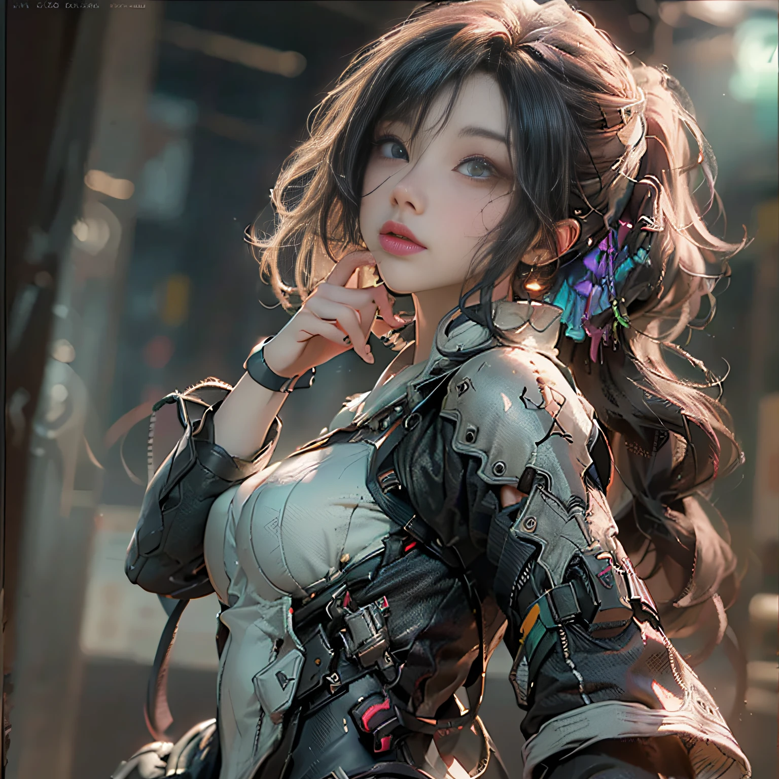 ((Best Quality)), ((Masterpiece)), (Detail: 1.4), (Extremely Detailed CG Uniform 8k Wallpaper), 3D, A Beautiful Cyberpunk Female Figure, HDR (High Dynamic Range), Ray Tracing, NVIDIA RTX, Super-Resolution, Unreal 5, Subsurface Scattering, PBR Texture, Post-processing, Anisotropy Filtering, Depth of Field, Maximum Sharpness and Sharpness, Multi-layer Texture, Albedo and Highlight Maps, Surface coloring, precise simulation of light-material interactions, perfect proportions, Octane Render, two-color light, large aperture, low ISO, white balance, rule of thirds, 8K RAW, finger detailing, refined facial features, focus on the face