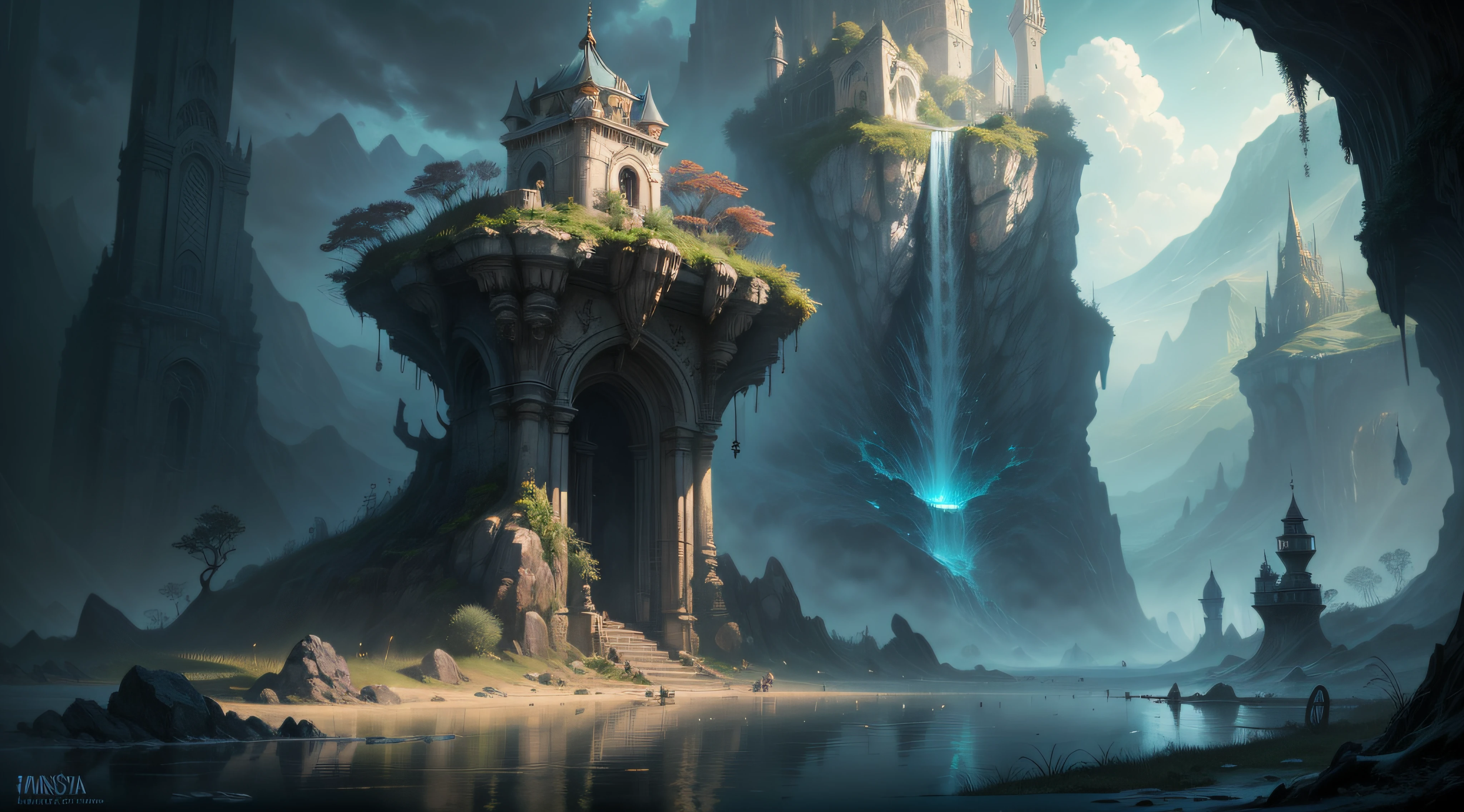 pintura de uma cabana na montanha com uma cachoeira e pagodes, Style of Art Digital of Epic Fantasy, cidade fortaleza de montanha, estilo andreas rocha, arte digital de fantasia de fantasia detalhada, Symmetrical Epic Fantasy Art, arte de fantasia 4k, castelo antigo cyberpunk, inspirado por Andreas Rocha, por Yang J, paisagem de fantasia impressionante, arte de fantasia detalhada, paisagem de arte de fantasia, arte de fantasia altamente detalhada, sky with clouds, sol,