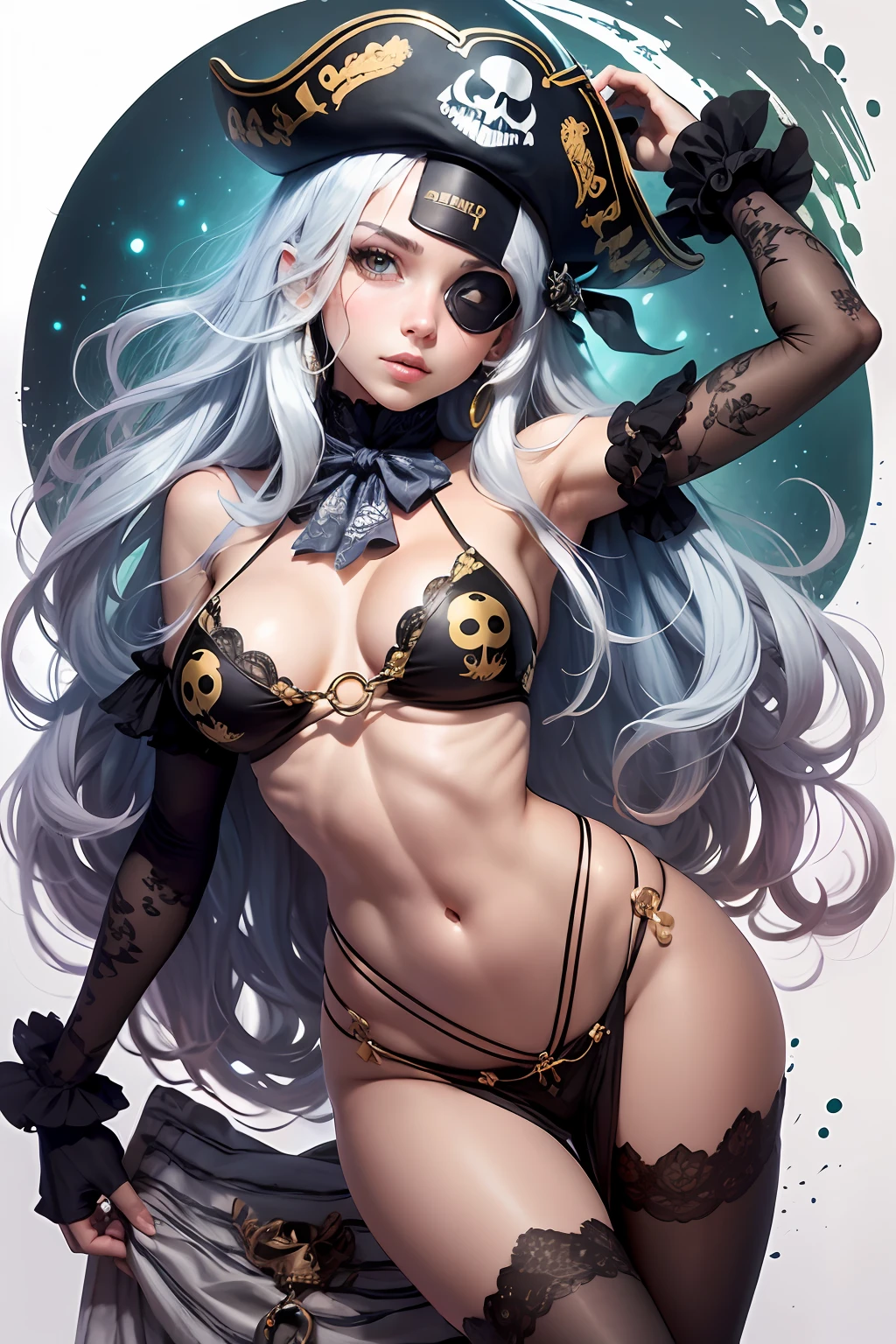 Um macaco vestido como um pirata, with a pirate hat, an eye patch and a skull-patterned bandana, design de adesivo recortado com contorno branco em cores brilhantes e vibrantes em um adesivo de fundo branco kawaii, design de adesivo profissional, design plano, linhas vetoriais, adesivo, desenho --auto --s2