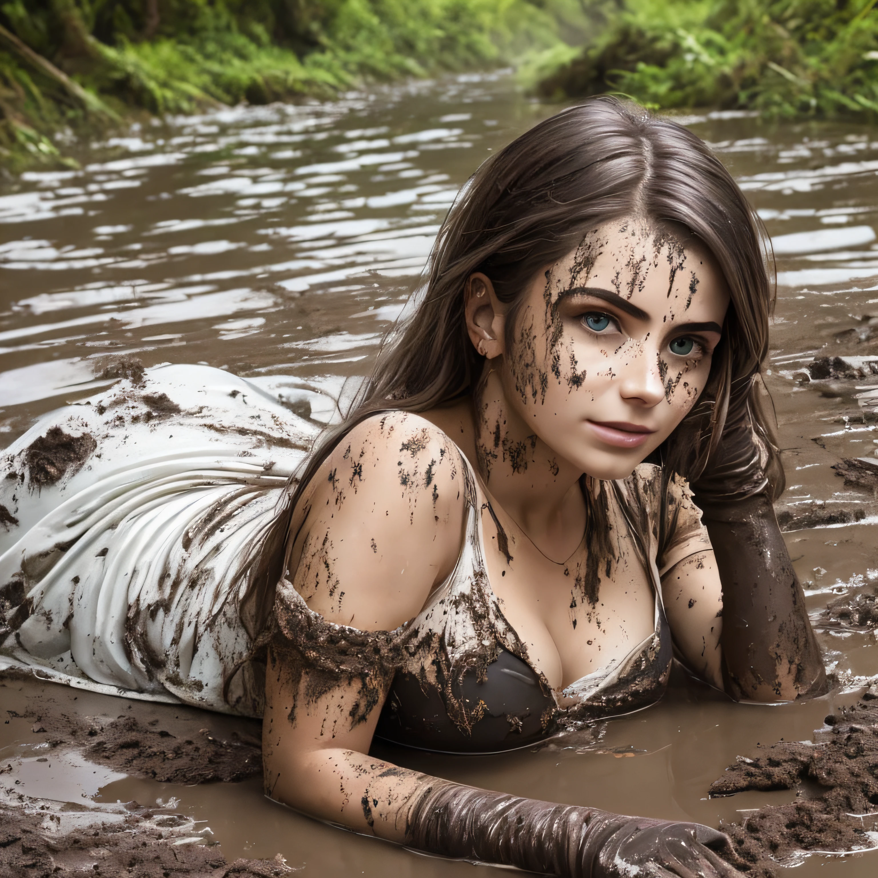 Hyperrealistische Fotografie, 2 Frauen stehen im Schlamm, Schlammspritzer im Gesicht, die Gesichter sind mit Schlamm verschmiert, 30-year-old women smeared with mud, Lena Meyer Landrut, long white gloves satin smeared with mud, short white graduation ball gown white with Swarovski jewelry smeared with mud, Perlenkette mit Schlamm verschmiert, underbust corset weiß smeared with mud, ruffles, pointy pumps white high heels smeared with mud, Fishnet tights white smeared with mud, the entire body, schwarze lockige Haare mit Schlamm verschmiert, die Kleidung ist mit Schlamm verschmiert, High quality, realistische Beleuchtung, Bildmitte, Sanduhrproportionen, 8K, HDR, BDSM, medium breast size, lange Beine, professionelle Fotografie einer Frau, natural skin texture smeared with a lot of mud, 4K-Texturen, Adobe Lightroom, Fotolabor, HDR, kompliziert, elegant, sehr detailliert, scharfer Fokus, wahnsinnige Details, komplizierte Details, hyperdetailliert, Helles Kinolicht, Außenatmosphäre, Kinn hochgezogen, (exponierter Bauch: 1,8 ), (Fernaufnahme), dominanter Gesichtsausdruck