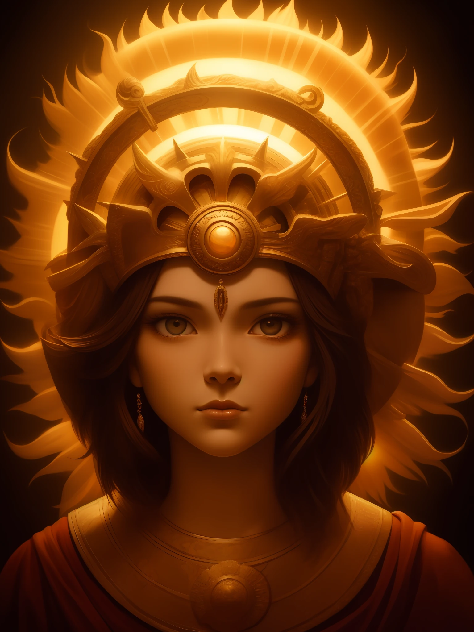 Highly detailed portrait of a sun god Jesus Christ halo of light, ouro, motor irreal, cabelo castanho. arte de mark ryden, peixe perdido, conde norem, global ilumination, raios divinos, ambiente detalhado e intrincado, estilo anel antigo