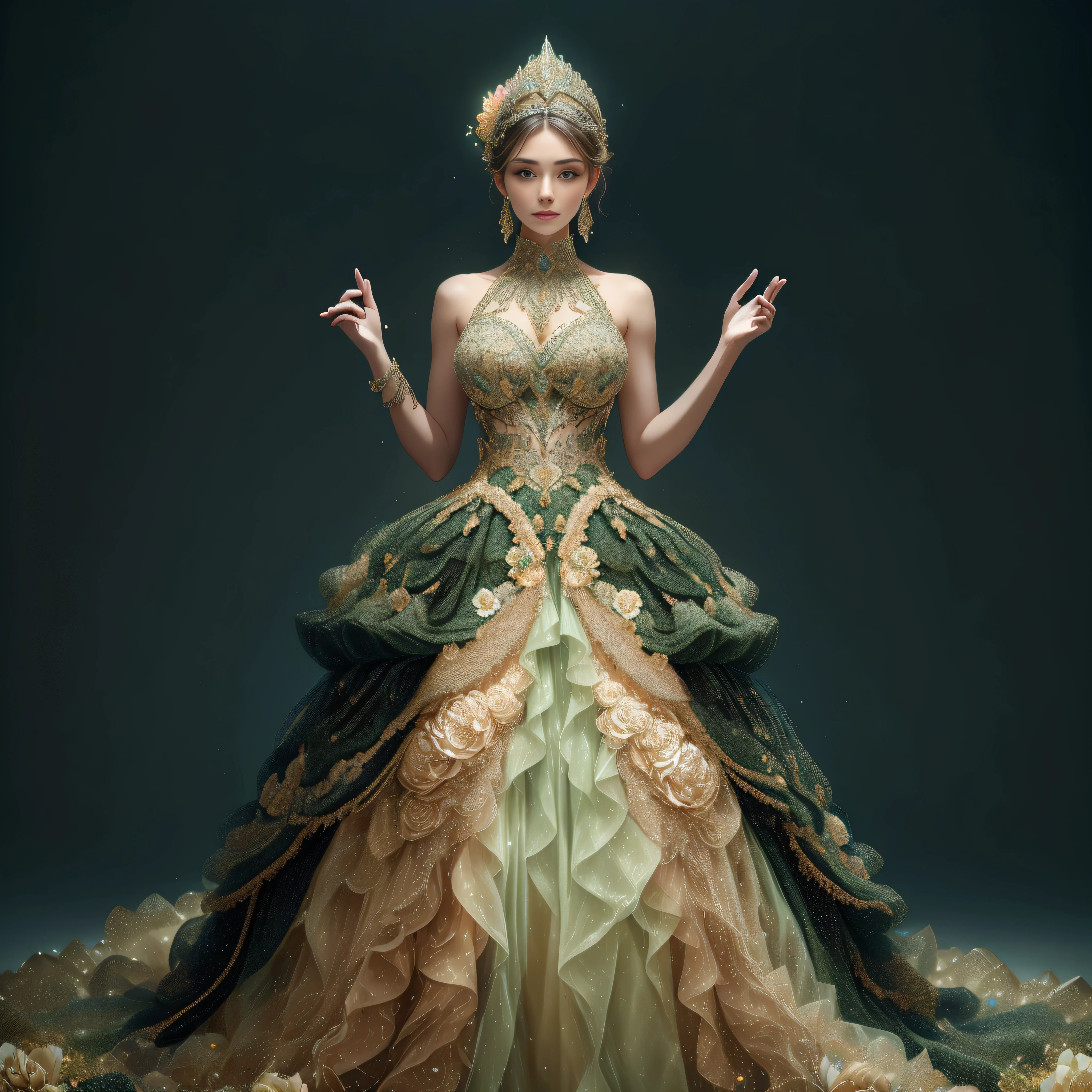 a goddess wearing a majestic sage green  and gold ball gown dress, big beautiful dress, intricate puffy ball gown with lots of ruffles and rhinestones (Masterpiece, Top Quality, Best Quality, Official Art, Beautiful and Aesthetic: 1.2), (1 Flower), Full Body, Extremely Detailed, (Fractal Art: 1.3), Colorful, Most Detailed