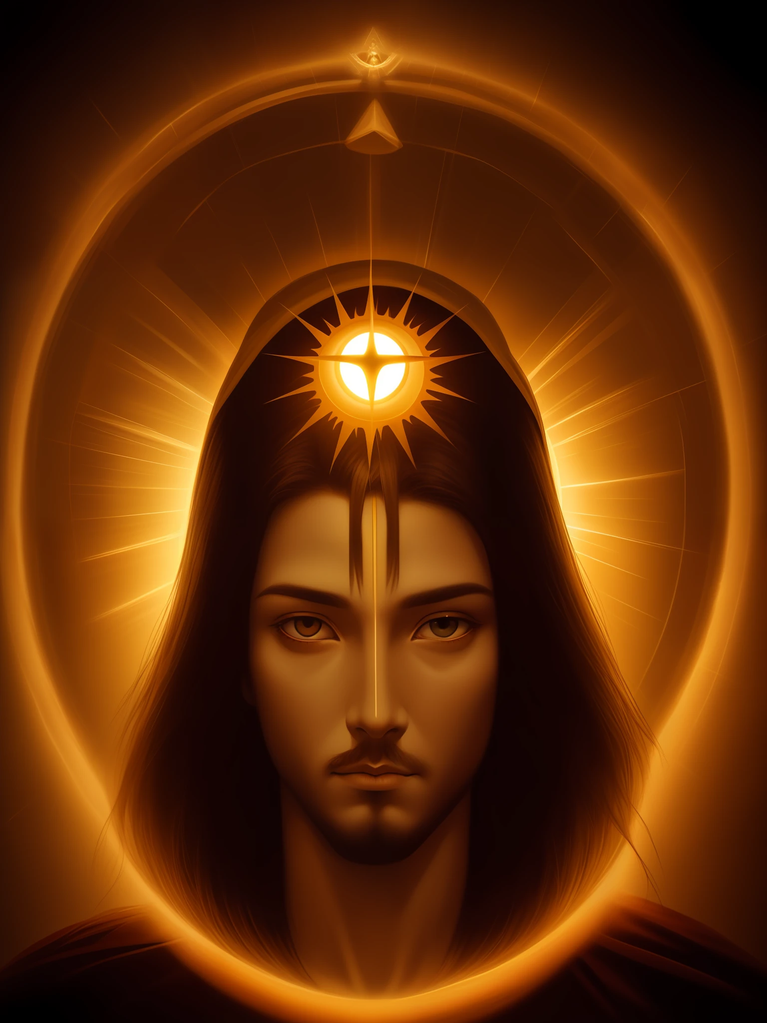 Highly detailed portrait of a sun god Jesus Christ halo of light, ouro, motor irreal, cabelo castanho. arte de mark ryden, peixe perdido, conde norem, global ilumination, raios divinos, ambiente detalhado e intrincado, estilo anel antigo