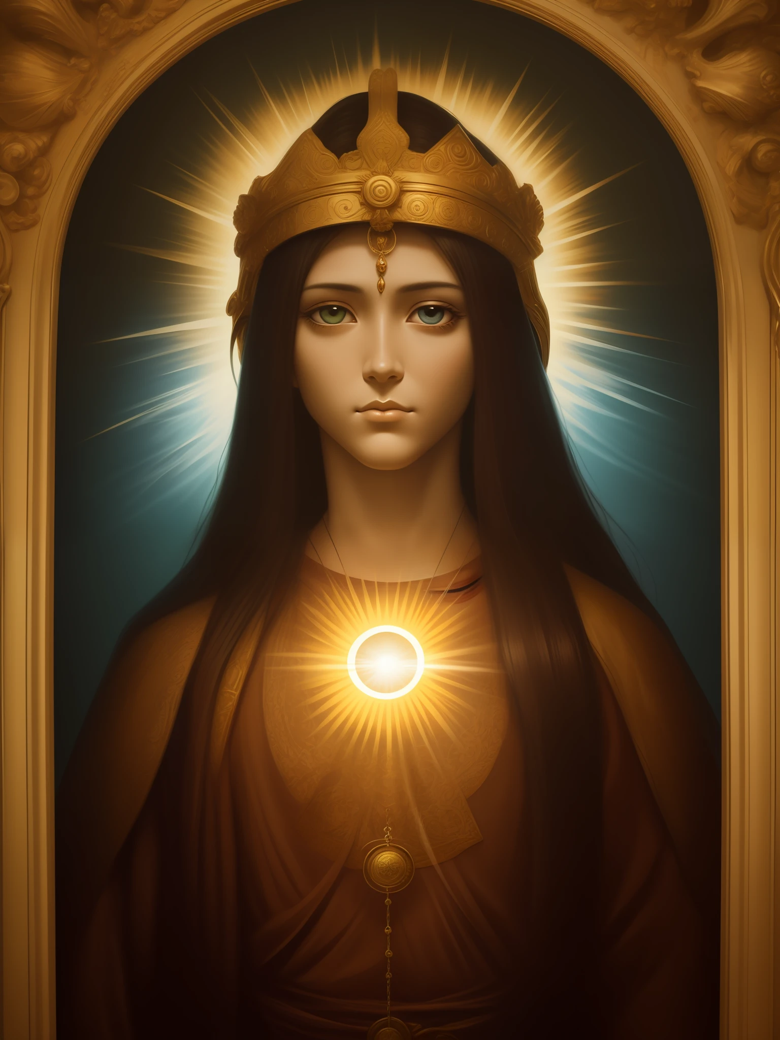 Highly detailed portrait of a sun god Jesus Christ halo of light, ouro, motor irreal, cabelo castanho. arte de mark ryden, peixe perdido, conde norem, global ilumination, raios divinos, ambiente detalhado e intrincado, estilo anel antigo