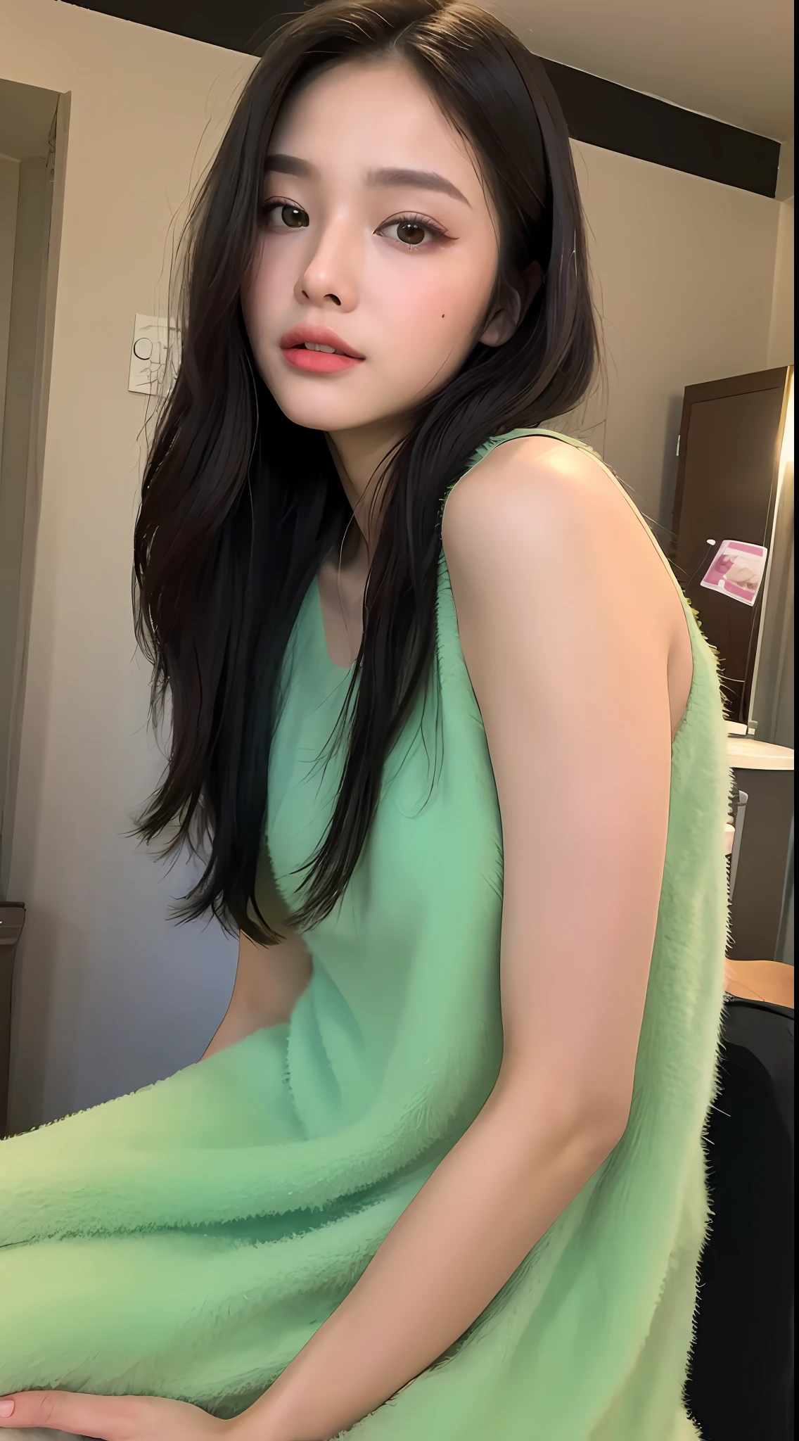 ((beste-Qualit、8K、masterpiece:1.3))、1girl in、Slimed、Super fine face、Delicat eyes、双眼皮、Fluffy dresses、Long black hair