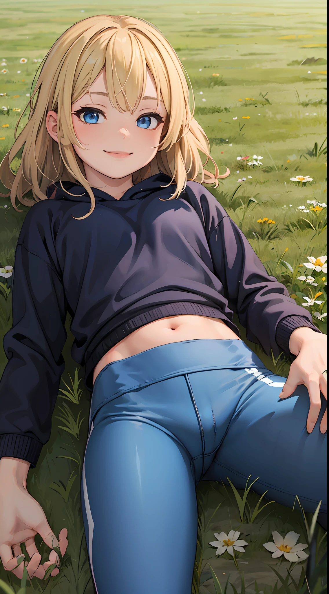best quality, masterpiece, small breasts, smile, sweatshirt, leggings, outdoors, anime style, grass field, daytime, blue sky, blue eyes, detailed eyes, medium hair, blonde hair, loose hair, bangs, lying down,