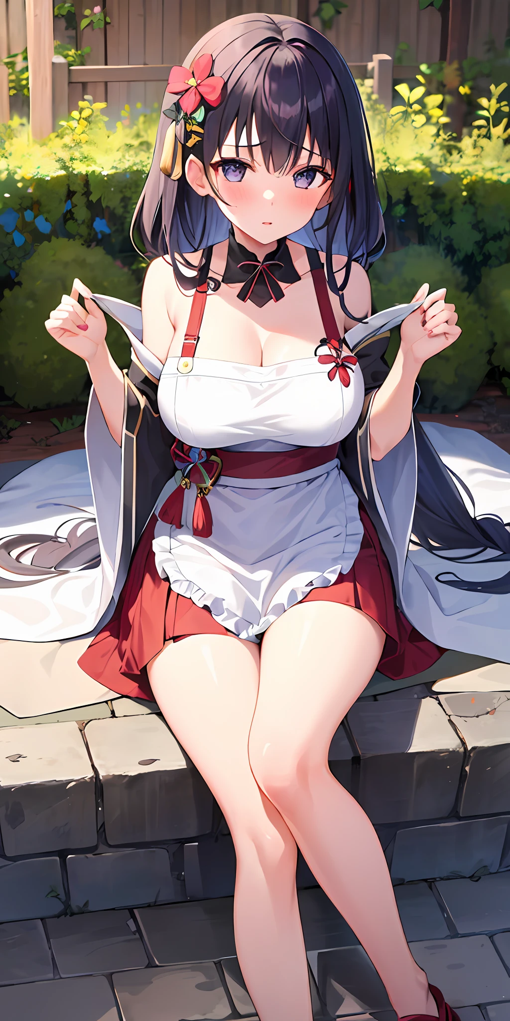 1girl, solo, masterpiece, highest quality, 8k, , garden of eden background, wearing only Japanese apron, bare legs, sexy legs, bewitching thighs, blushing slightly