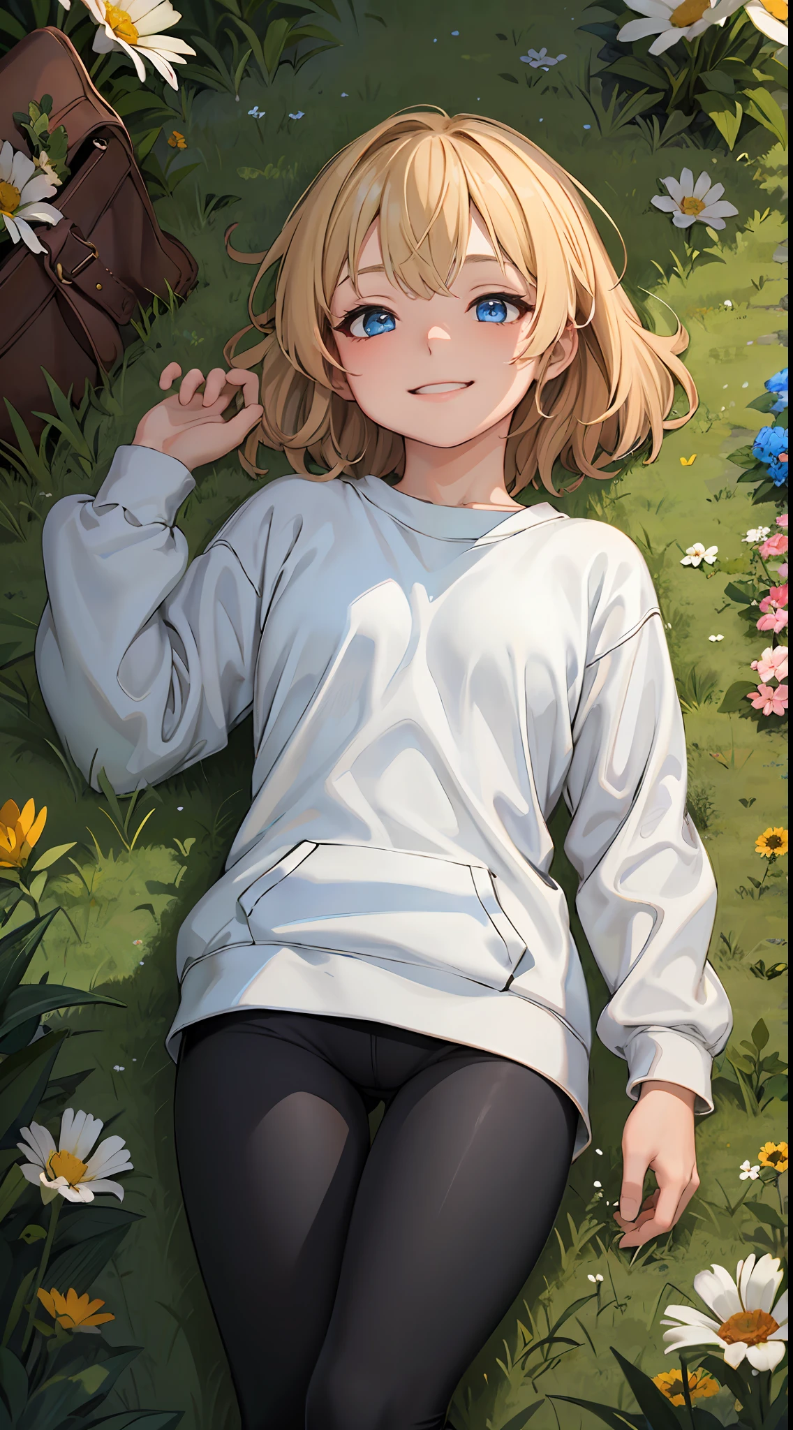 best quality, masterpiece, small breasts, smile, sweatshirt, leggings, outdoors, anime style, grass field, daytime, blue sky, blue eyes, detailed eyes, medium hair, blonde hair, loose hair, bangs, lying down,