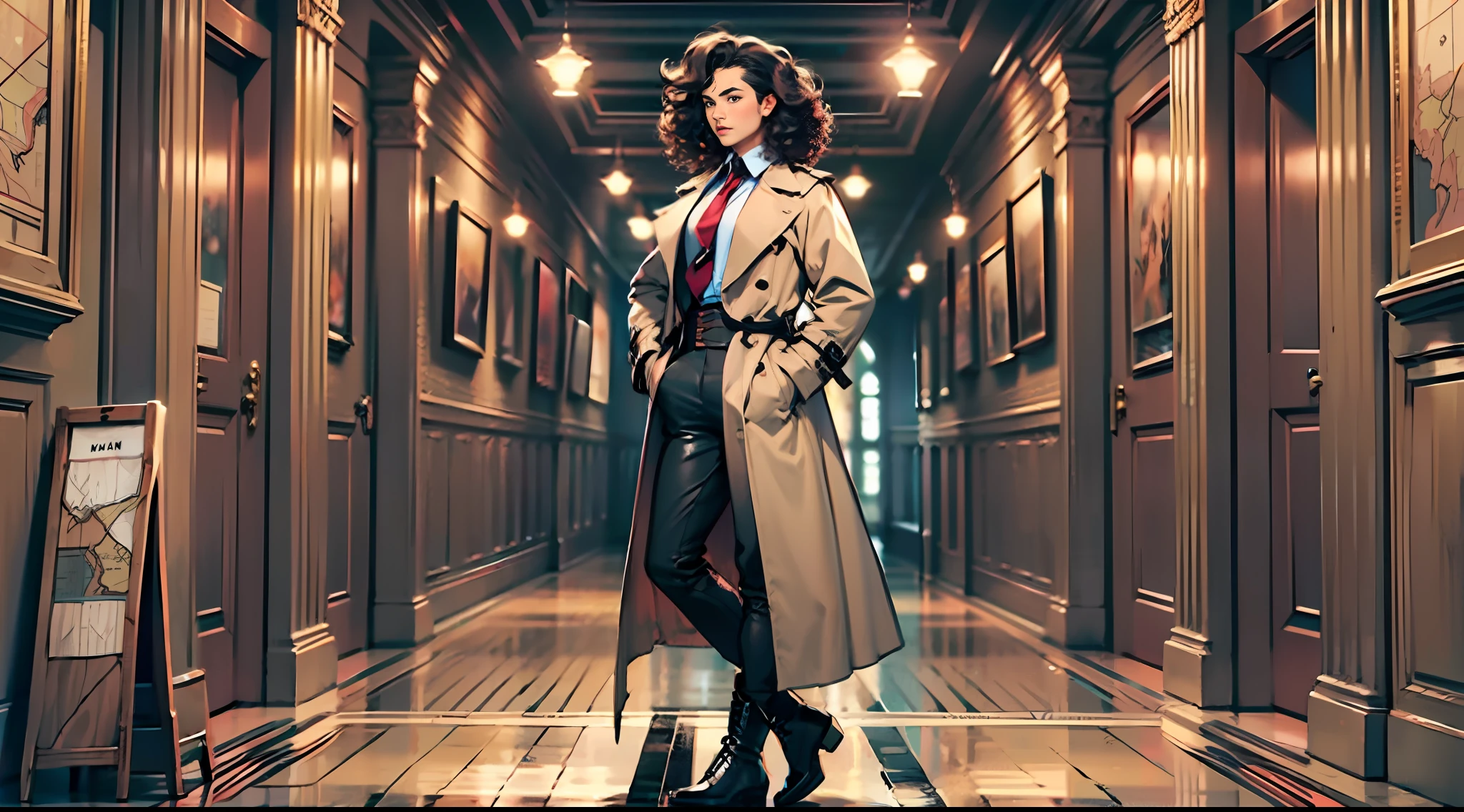 28-year-old countess, curly hair,trench coat, necktie, long pants, leather ankle boots, holding a map,18th century clothing style,(Standing posture:1.5),(full body:1.6)