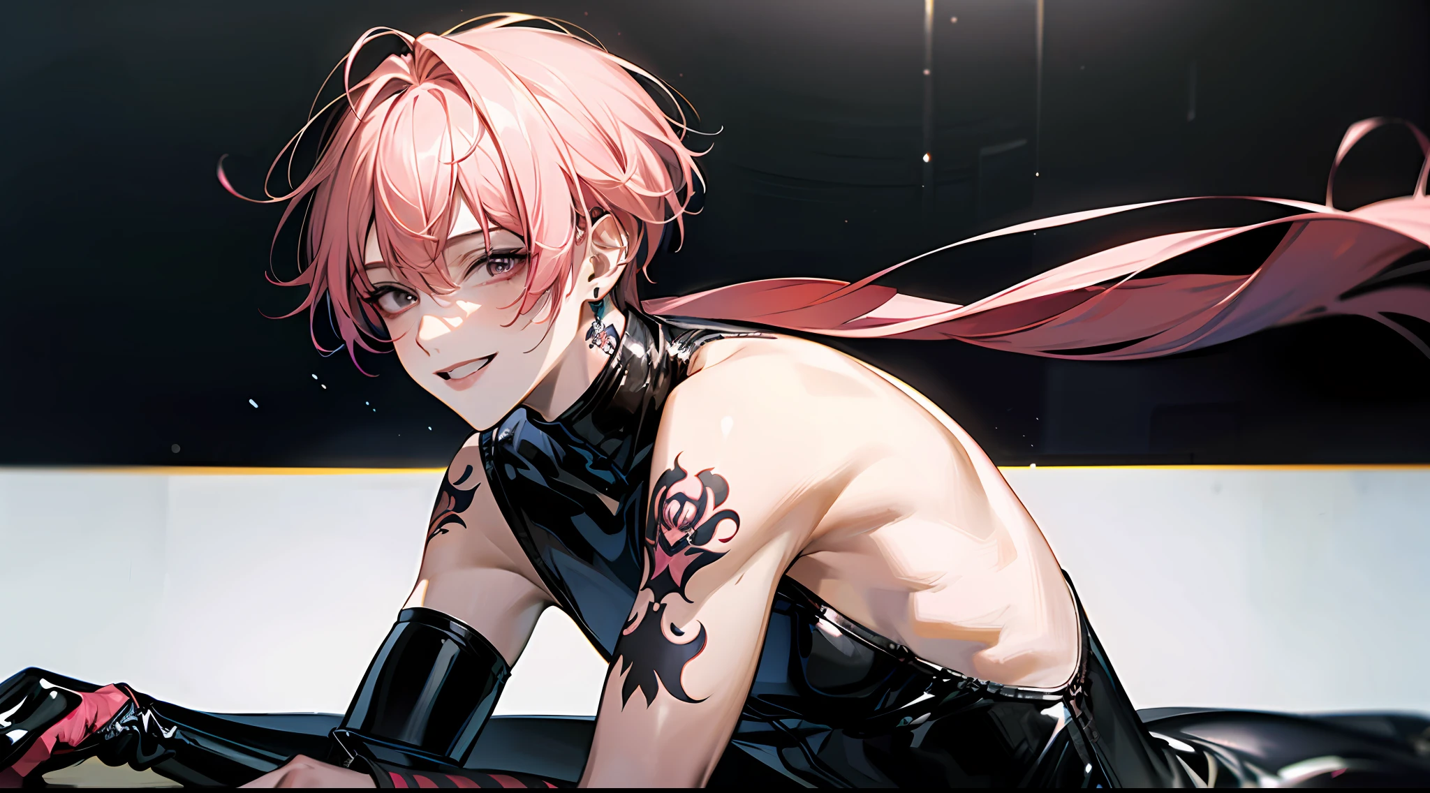 ((Masterpiece)), Best Quality, Ultra Detailed, Floating, High Resolution, (1 boy), gray eyes, (pink hair|black hair), Short hair, latex clothes, body piercings, Smile, naked body, Male body, tattoo, gay, ahegao, Detailed Face
