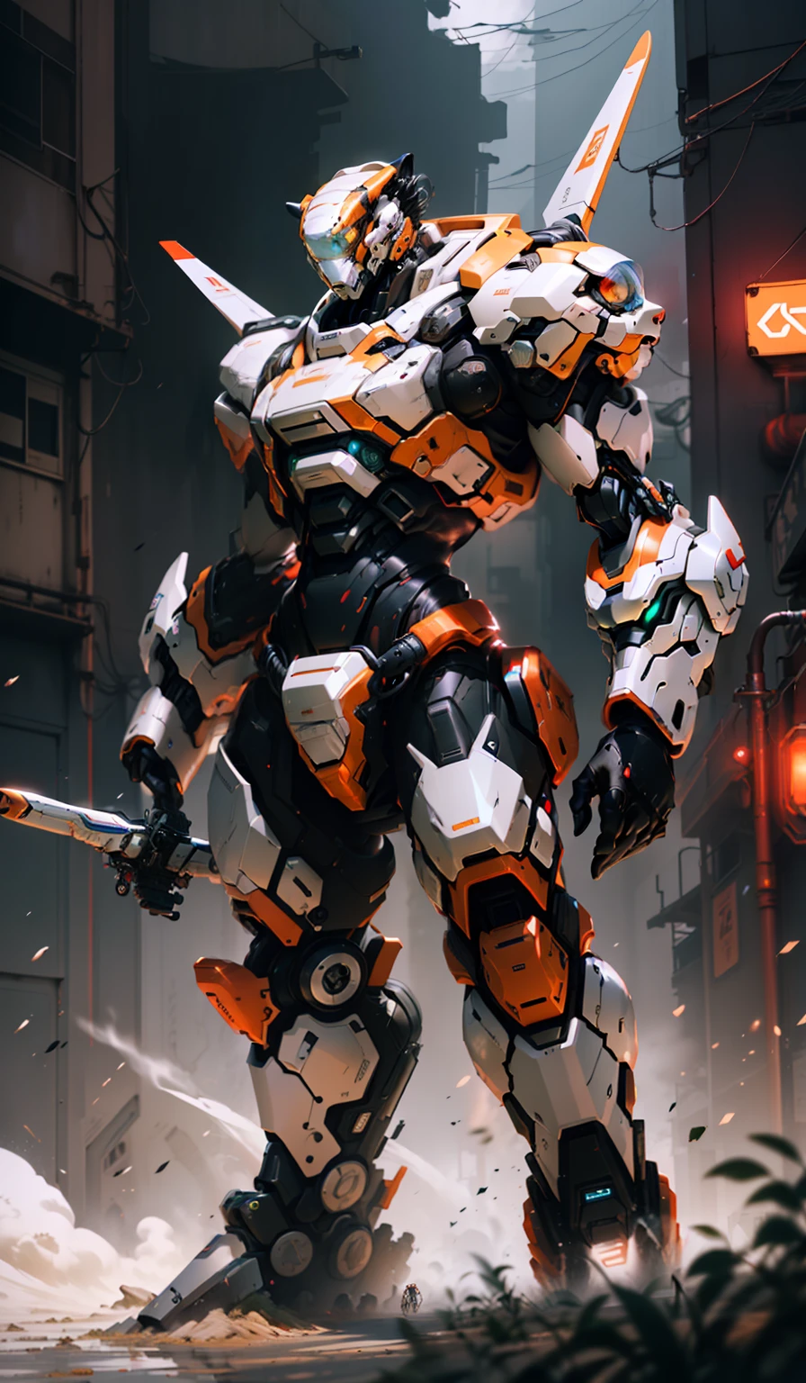 Tiger head cyber punk mecha body with tail and drone ship on the sides with lazer gun rail pda guns