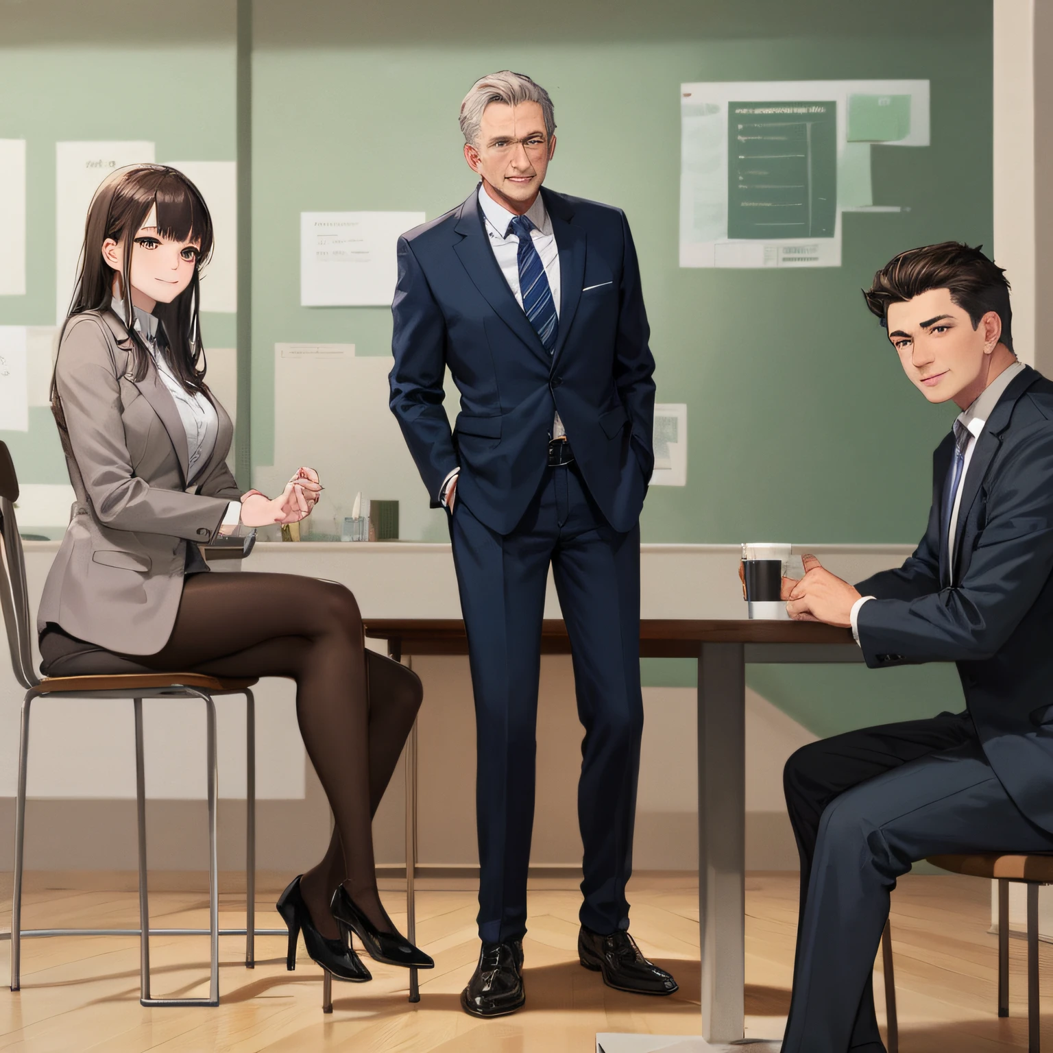 Young man in suit、Beautiful young woman in suit、Middle-aged man in suit、Sitting around a table and having a meeting、Happy smile、Office Background、sportrait --auto