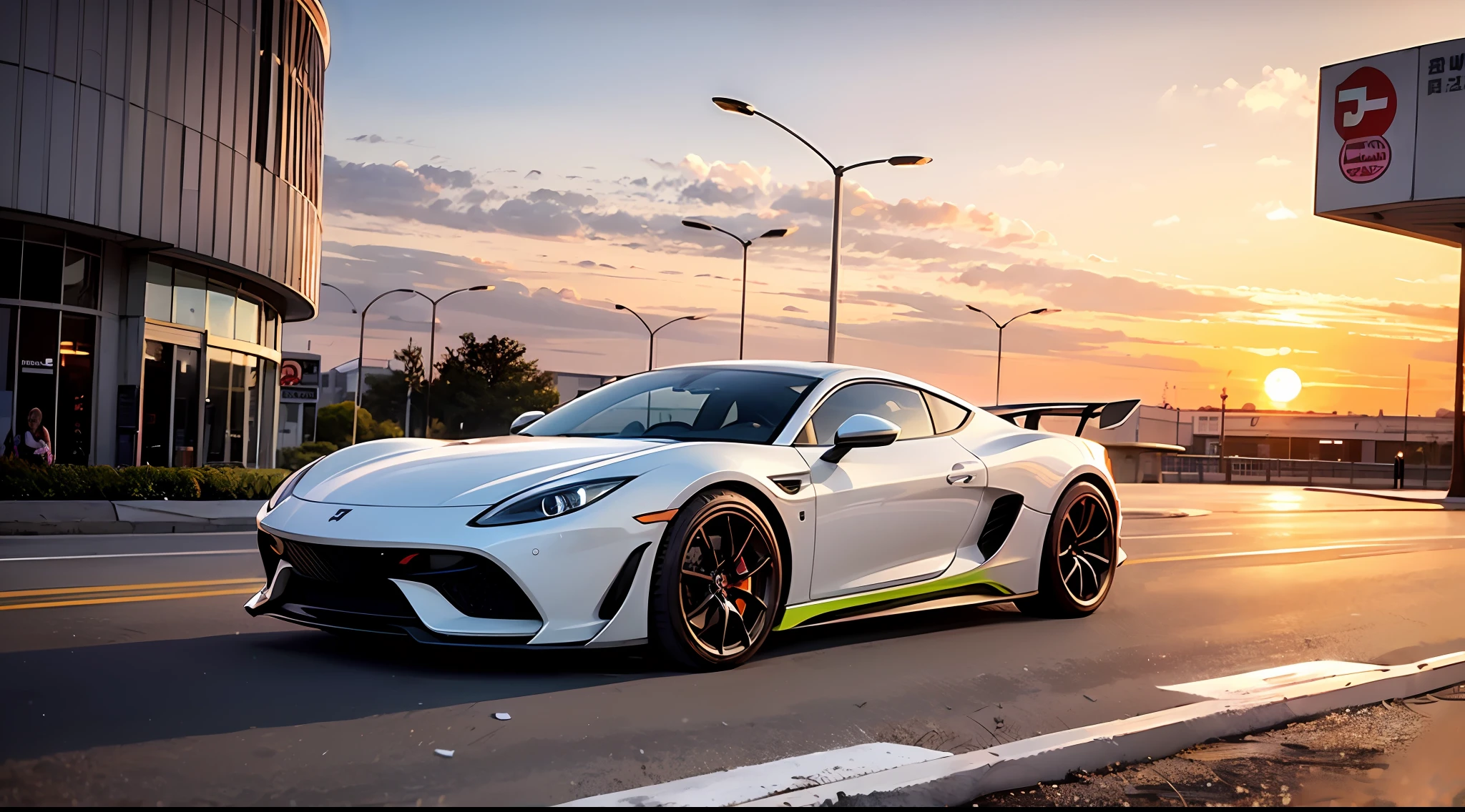 the sunny day, Beautiful cloudy sky, Sunset, A sports car that shuttles on the road of the future, Miami city streets, neon signs and crowds, confetti debris, dust, wind volume fog, Professional majestic oil painting(真实感:1.2)(Image size 16:9)(Best Quority) --auto