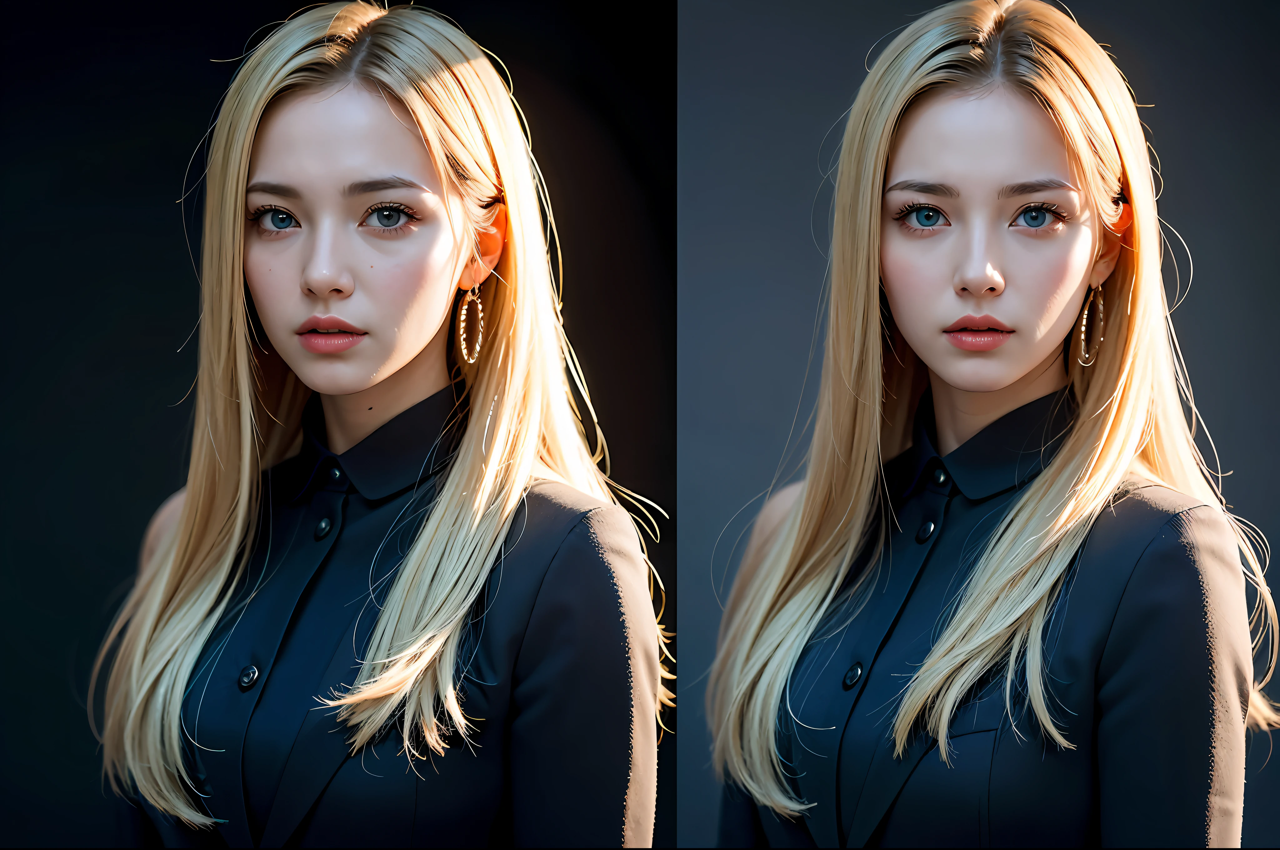 Best quality, masterpiece, ultra high res, (photorealistic:1.4), raw photo, 1girl, blonde hair, blue eyes, detailed eyes and face, black suit, dynamic lighting, in the dark, deep shadow, low key, cowboy shot full-lenght body
