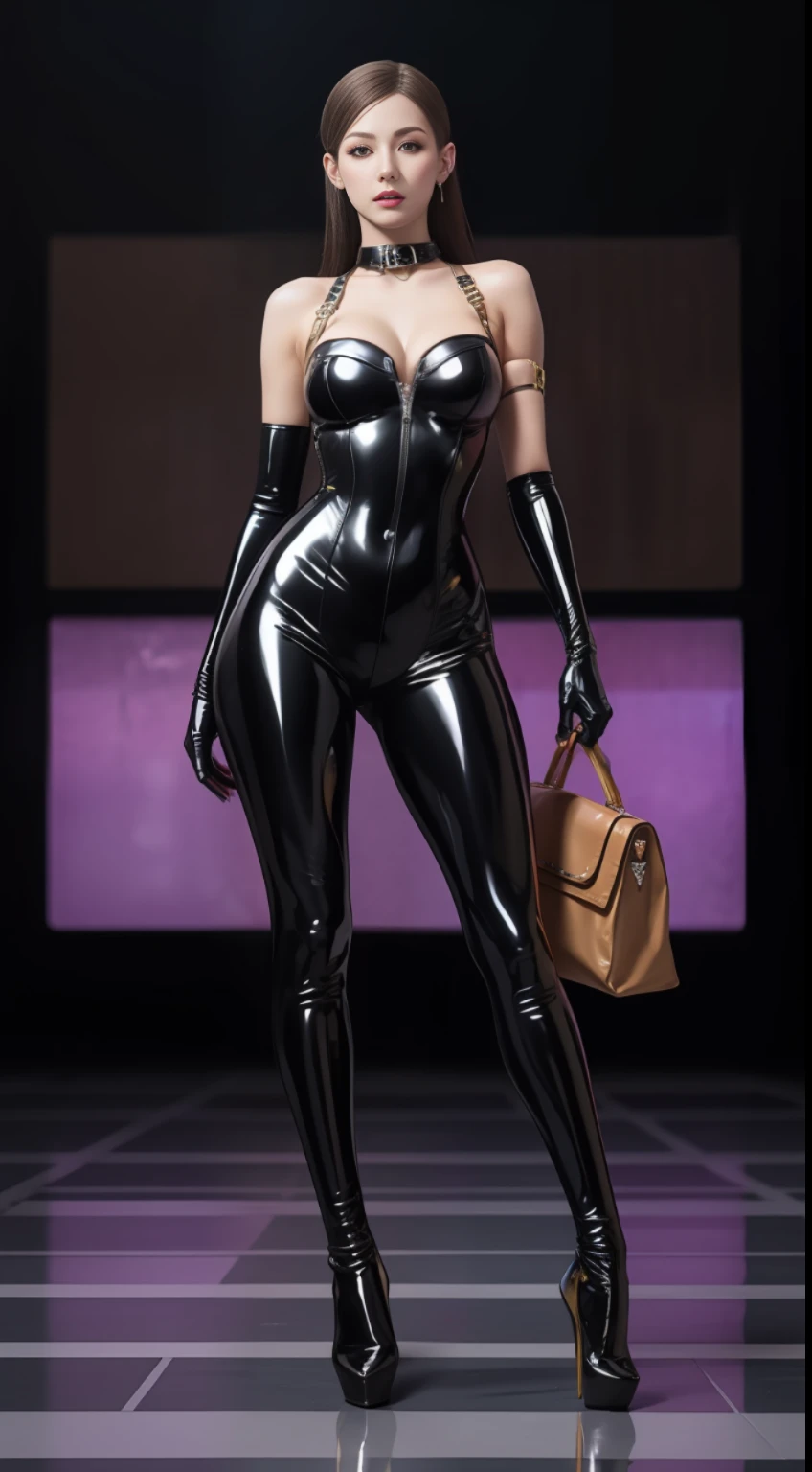 solo, super fine photo, full body photo picture Unreal Engine 5 8K UHD, black and gold color scheme tight and thick latex catsuit, slim body, rubber catsuit, shiny latex catsuit, fetish accessories, latex long glove, latex high heels boots, corset, harnesses, arm and leg cuffs, latex collar, beautiful make up, best quality, masterpiece, unified 8k wallpaper, super detailed, sharp focus, sexy pose, body parts