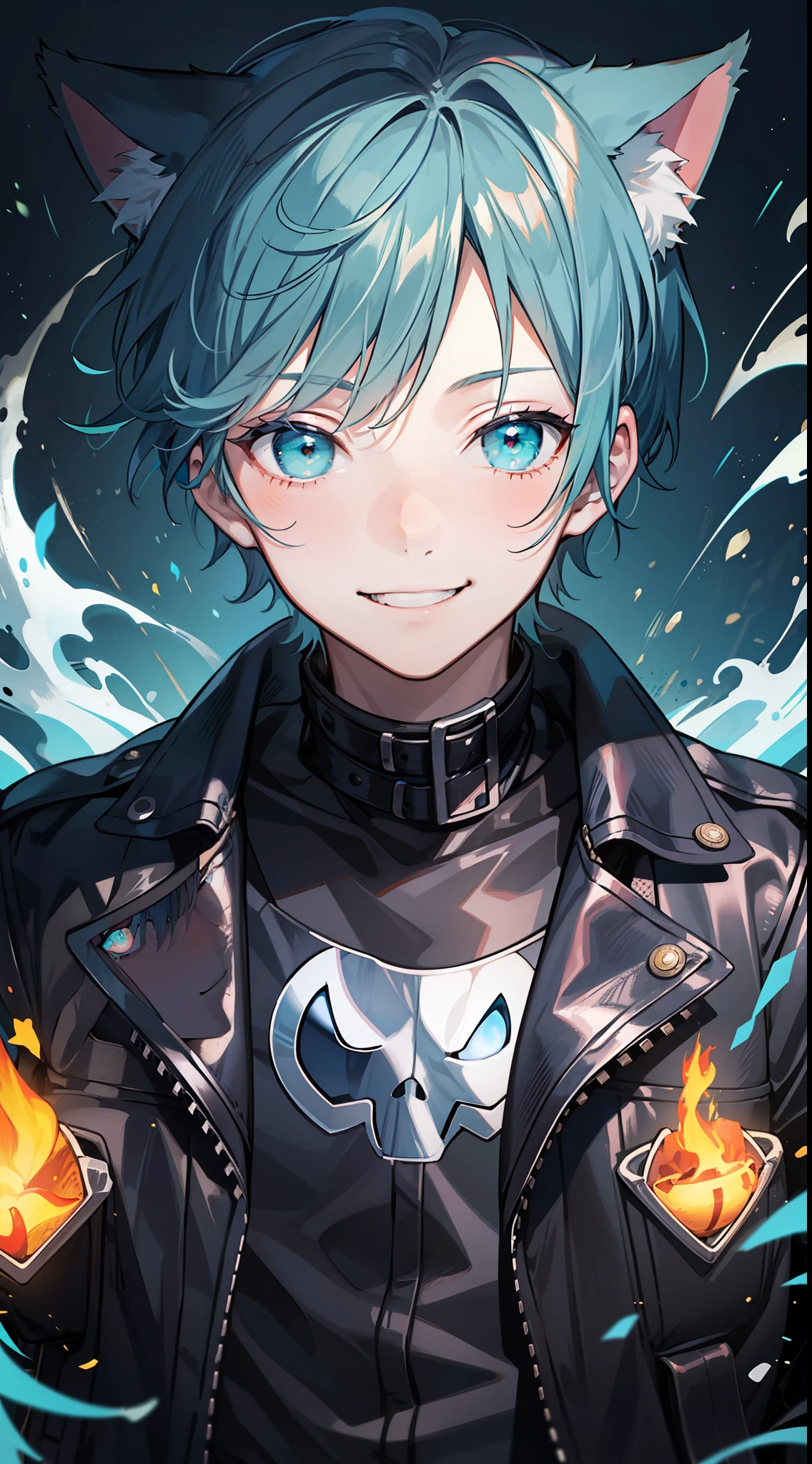 Young guy, Short dark blue hair, Cyan eyes, cat ears, leather jacket, a smile, Ghost Rider, Masterpiece, highly quality