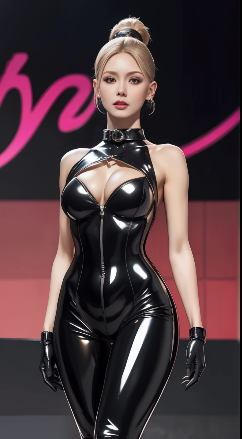solo, super fine photo, full body photo picture Unreal Engine 5 8K UHD, black and gold color scheme tight and thick latex catsuit, slim body, rubber catsuit, shiny latex catsuit, fetish accessories, latex long glove, latex high heels boots, corset, harnesses, arm and leg cuffs, latex collar, beautiful make up, best quality, masterpiece, unified 8k wallpaper, super detailed, sharp focus, sexy pose, body parts