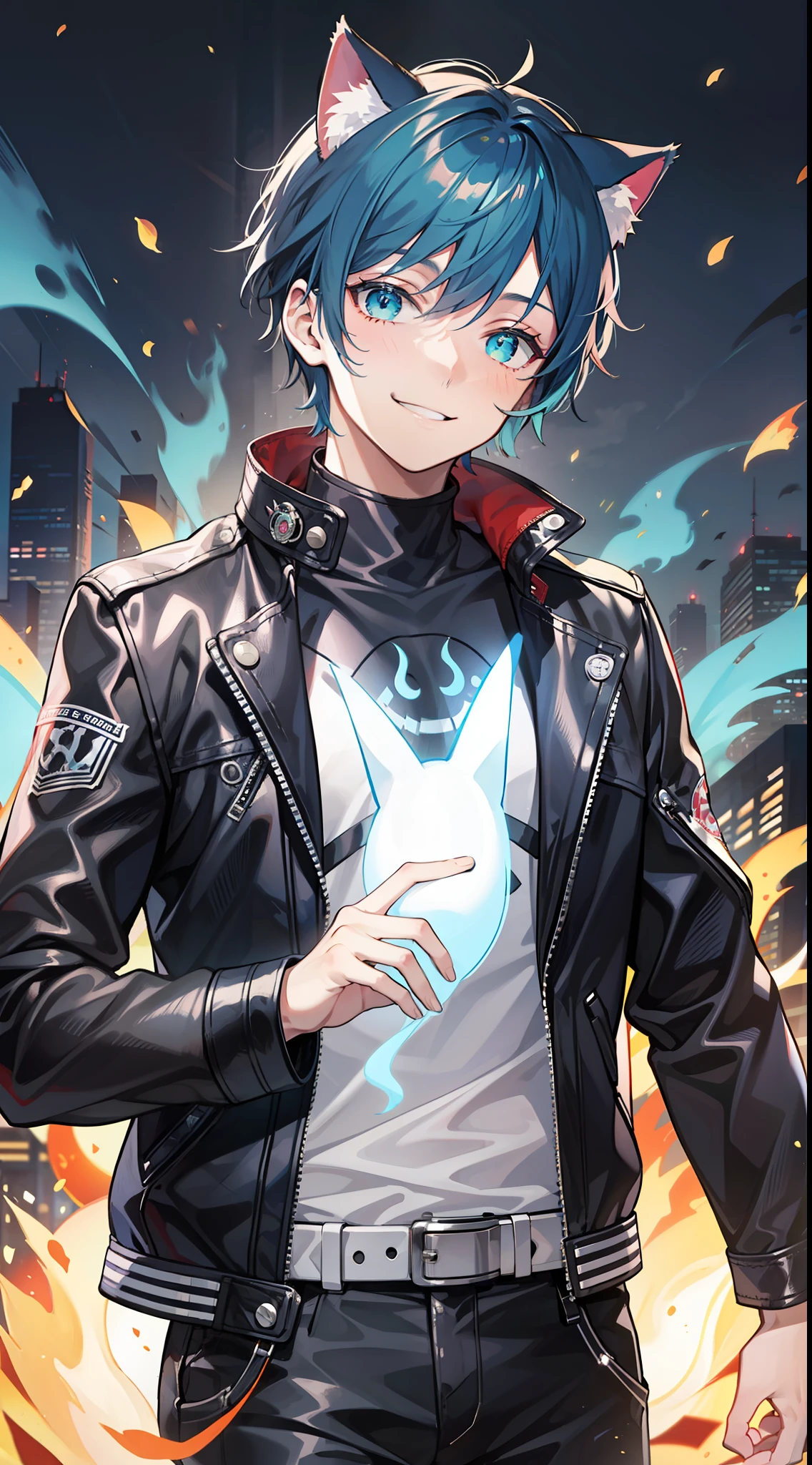 Young guy, Short dark blue hair, Cyan eyes, cat ears, leather jacket, a smile, Ghost Rider, Masterpiece, highly quality