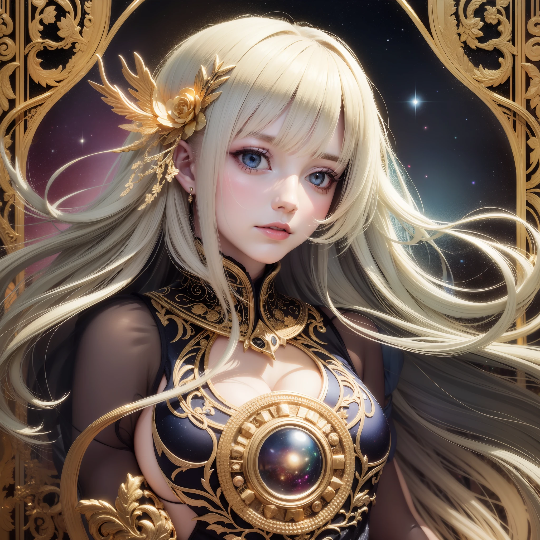 solo, high resolution, highest quality, super high quality, super detail, ultra realistic, photorealistic, anime, illustration, fantasy, Northern Renaissance style, super beautiful goddess, mysterious, enchanting, sharp slit gold eyes, flowing layered side braided white hair, tattoos, perfect proportion, full body, wearing see-through robe embroidered with gold, background galaxy, magic circle,
kaleidoscope, rainbow and gold neon light many lines
