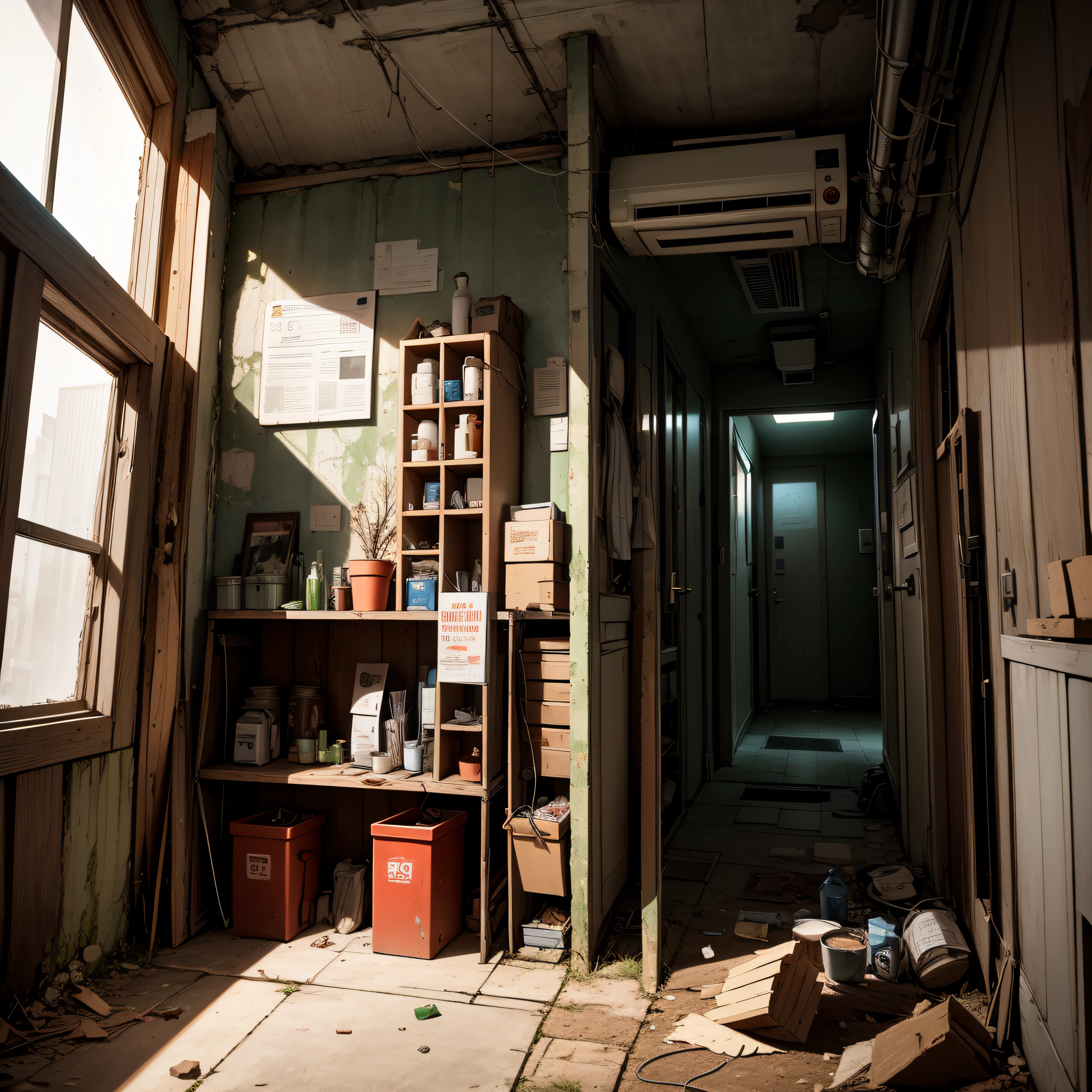 abandoned houses、Stacked cardboard、Dojunkai Apartment Surreal and very detailed illustration、Image with objects very loaded、Dirty cement stairs with cracks、a trash can、Metal wall、cables、pole、Rusty pipe、Wall pipe、Electricity Meter、Gray and dark walls、 Empty box、Paint on damaged walls、Metal and rusty scrap、mechanicalparts(rusty、Brownish)、Dim lighting、Very dark landscape shadows、Red and green neon lights、moisture、、wooden、early evening、Toys、cute little、Lots of green empty bottles、Luggage storage、Blower --auto
