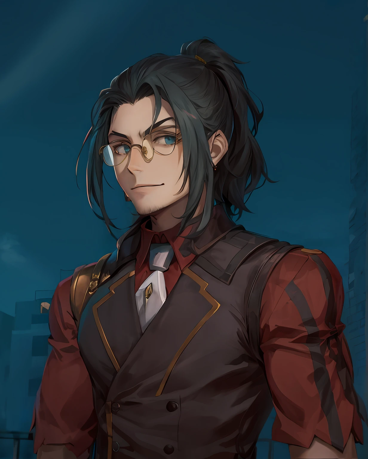 anime character with long hair and glasses standing in front of a building, cara bonito na arte demon slayer, caleb from critical role, Sylas, retrato detalhado do caractere, arte oficial do personagem, um retrato de personagem, Retrato anime de um homem bonito, casimiro arte, Retrato de fin wildcloak, sorriso roguish, um retrato do personagem, retrato da arte do personagem