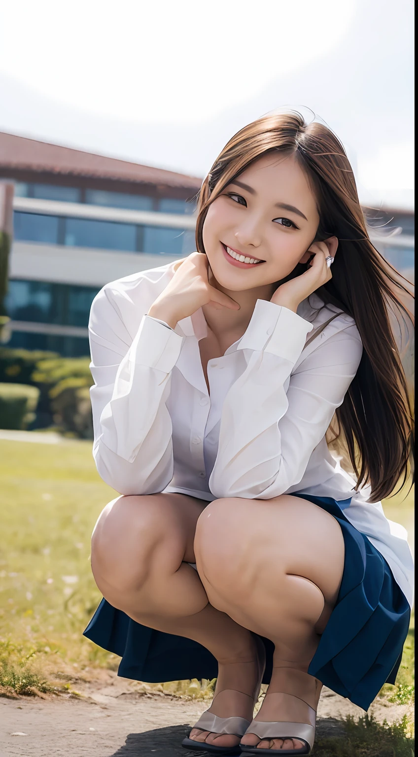 Very detailed 8k wallpaper)、foco nítido、in detail、drama、Delicate and beautiful schoolgirl、、Sheer white shirt、Quite short skirt、ligh brown hair、hair adornments、Sexy、A smile、Peek at the viewer、Beautiful graphics、Bright school building、Full of students、clean legs、squatting down、