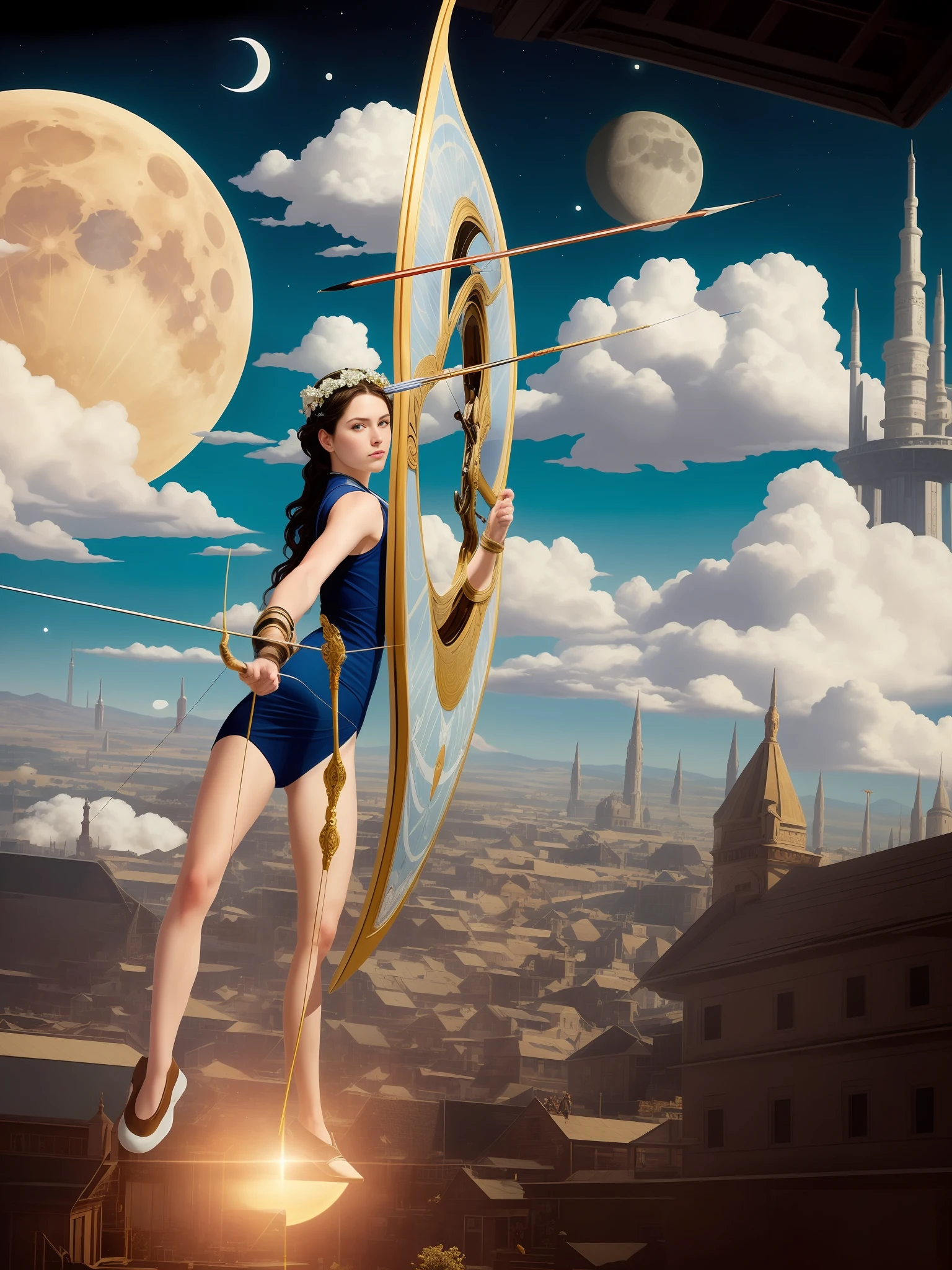 A woman is bending her bow and shooting arrows,skin fair,celestial goddess,a backdrop of:Replace the original background,The original character's movements remain unchanged,Beneath your feet are layers of white clouds and blue sky,celestial goddess, greg hildebrant, venus goddess, The goddess of the hunt and the moon, goddess of space and time,cosmic goddess