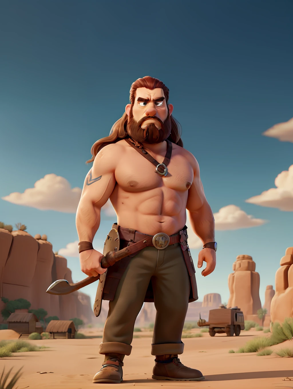 A very stout and strong viking warrior, wearing a viking helmet,in a battlefield, holding an axe, a Vikking village and seaport as the background, pixar artstyle, fierce eyebrows, cinematic rim light, very thick neck, intense action, dynamic juxtaposition, young warrior, very high quality face, desert game, exploitable image, face neck shoulders, tall strong man, long windy hair, stylized dynamic folds, angry man, Pixar artstyle, desert game, exploitable image, face neck shoulders, tall strong man, long windy hair, stylized dynamic folds, angry look, in the style of Pixar Animations
