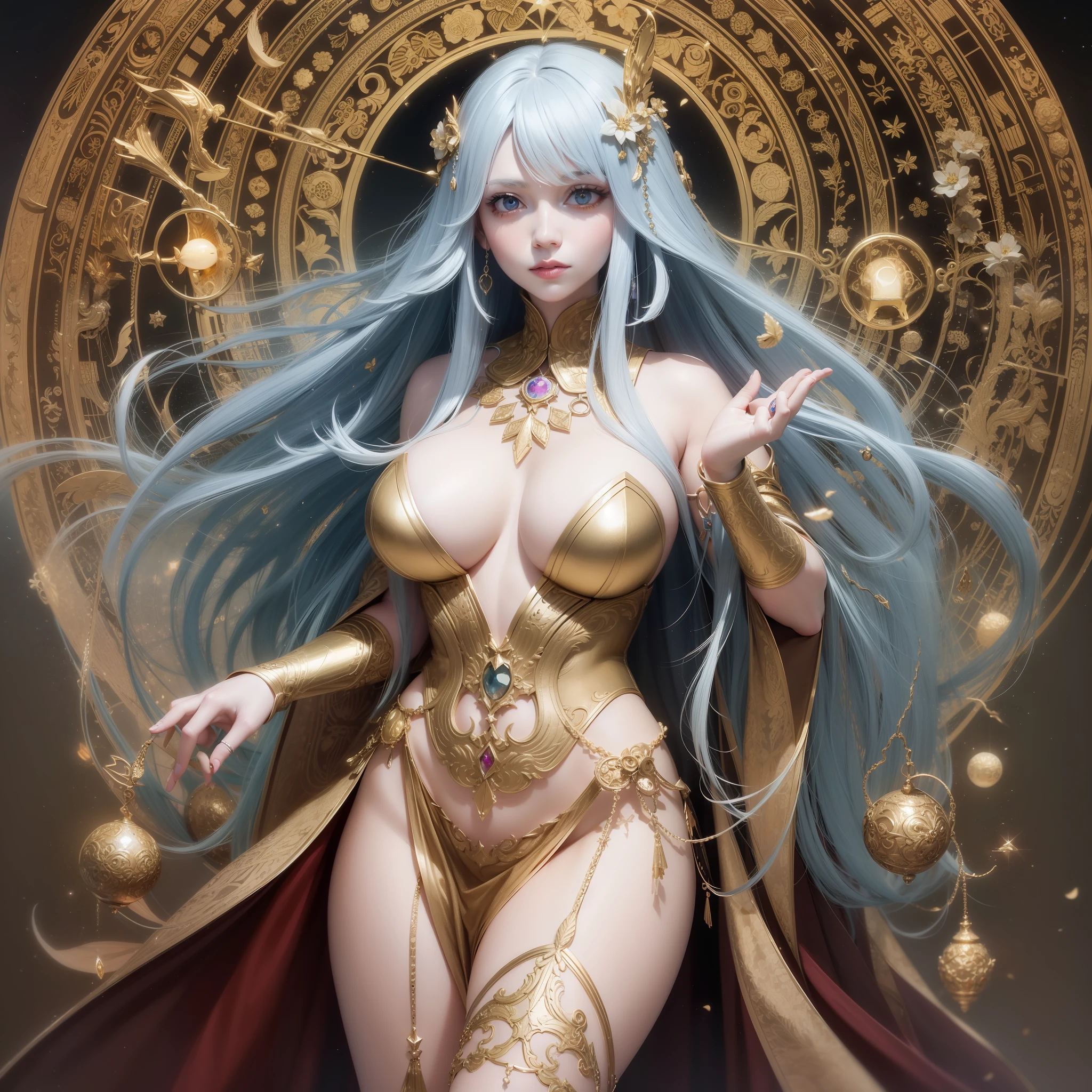 solo, high resolution, highest quality, super high quality, super detail, ultra realistic, photorealistic, anime, illustration, fantasy, Northern Renaissance style, super beautiful goddess, mysterious, enchanting, sharp slit gold eyes, flowing layered side braided white hair, tattoos, huge breasts, perfect proportion, full body, wearing see-through robe embroidered with gold, background galaxy, magic circle,
kaleidoscope, rainbow and gold neon light many lines