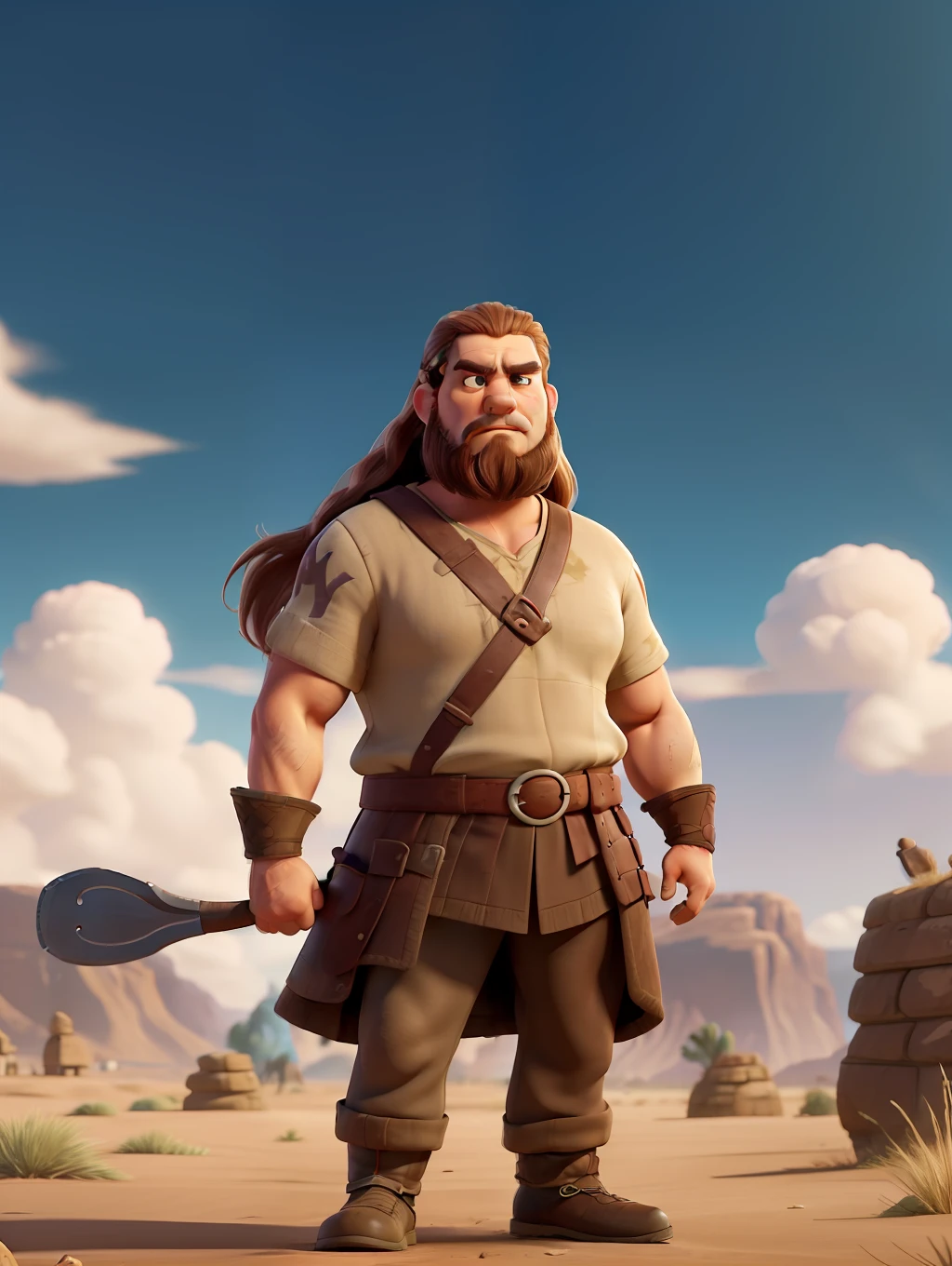 A very stout and strong viking warrior, wearing a viking helmet,in a battlefield, holding an axe, a Vikking village and seaport as the background, pixar artstyle, fierce eyebrows, cinematic rim light, very thick neck, intense action, dynamic juxtaposition, young warrior, very high quality face, desert game, exploitable image, face neck shoulders, tall strong man, long windy hair, stylized dynamic folds, angry man, Pixar artstyle, desert game, exploitable image, face neck shoulders, tall strong man, long windy hair, stylized dynamic folds, angry look, in the style of Pixar Animations