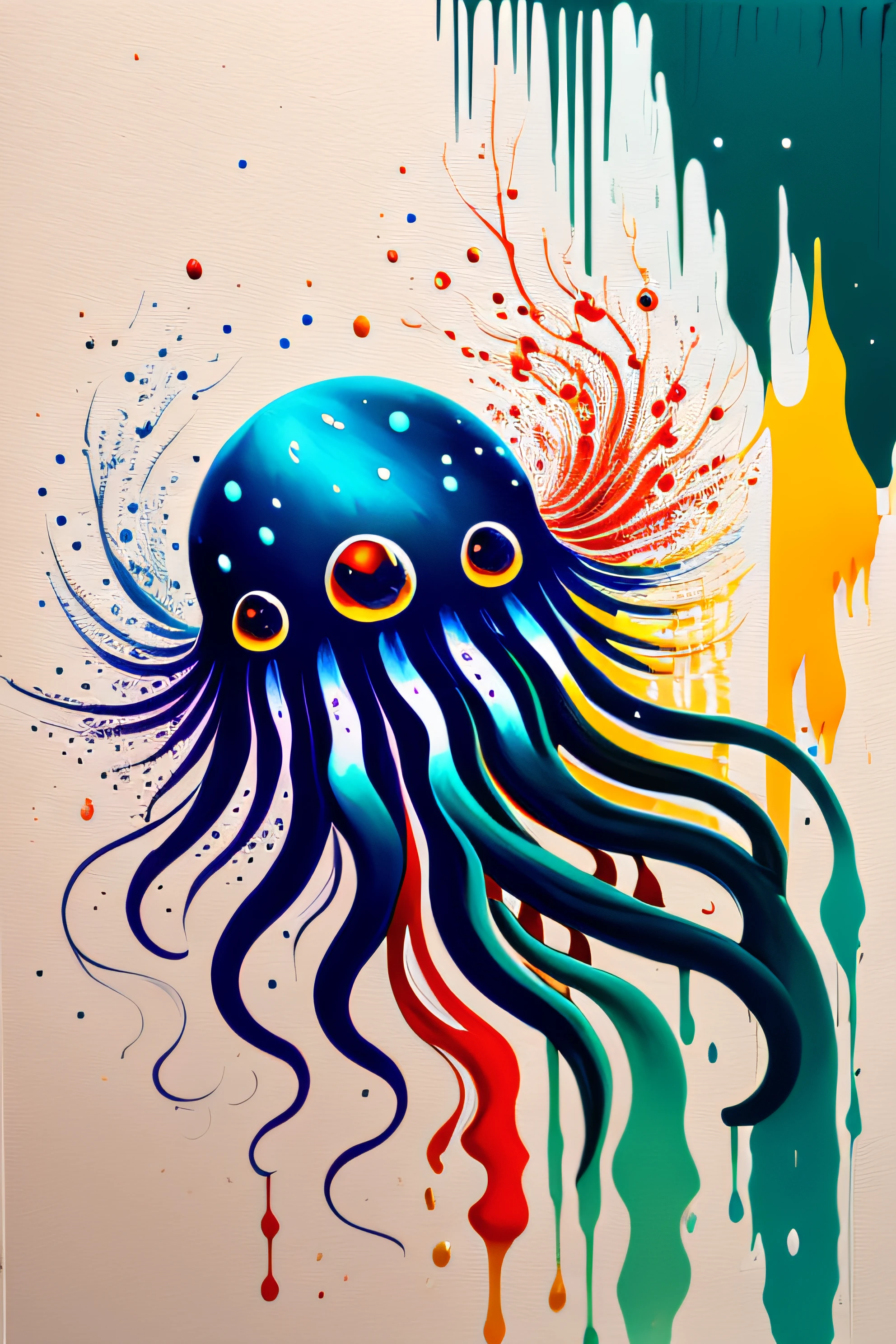 an octopus，Vivid colors of，water elemental，Simple design, super high-quality model, Ethereal background, Abstract beauty, explosive volume, oil painted, Heavy strokes, paint drips