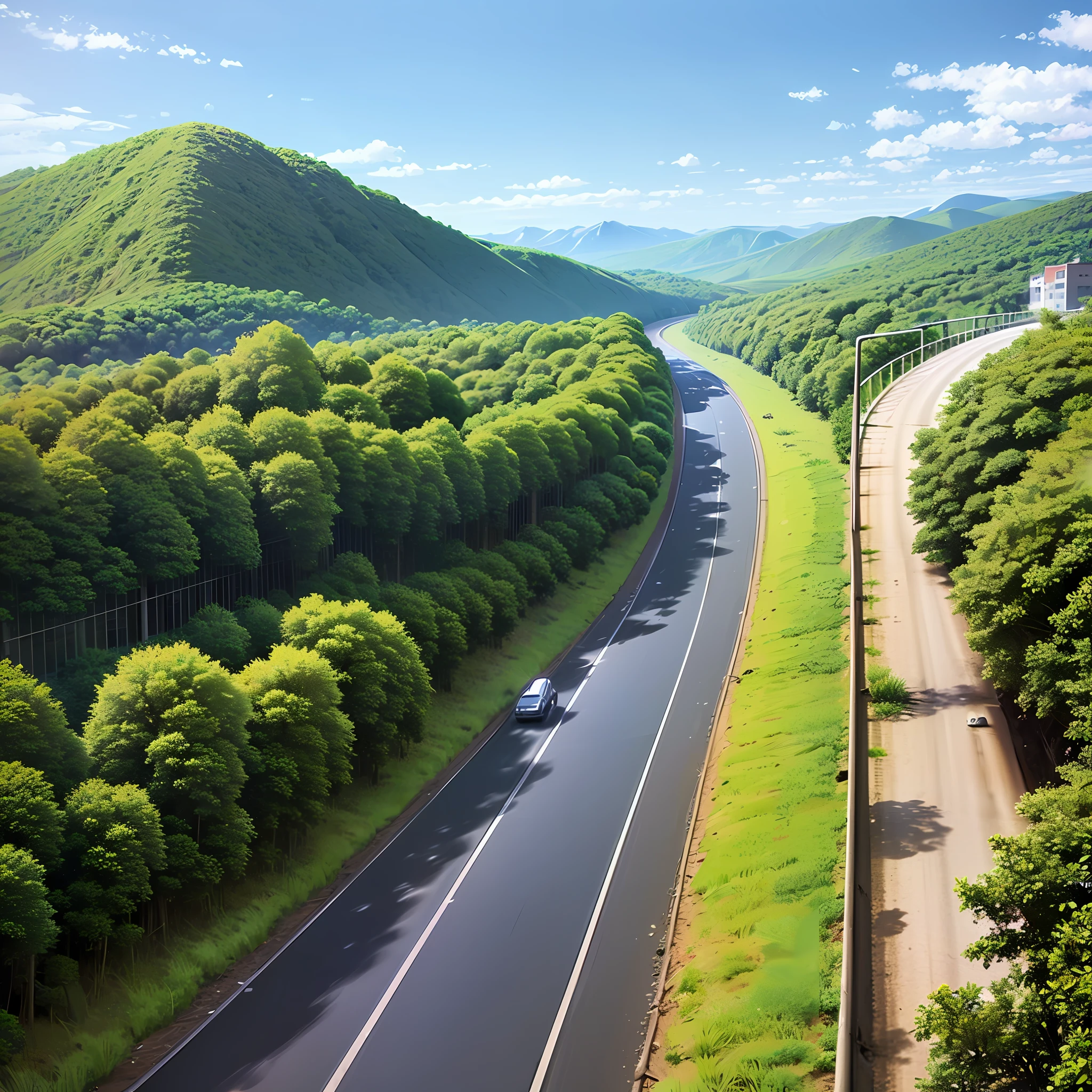 A very long highway,Next to the woods,In front is the high mountain --auto