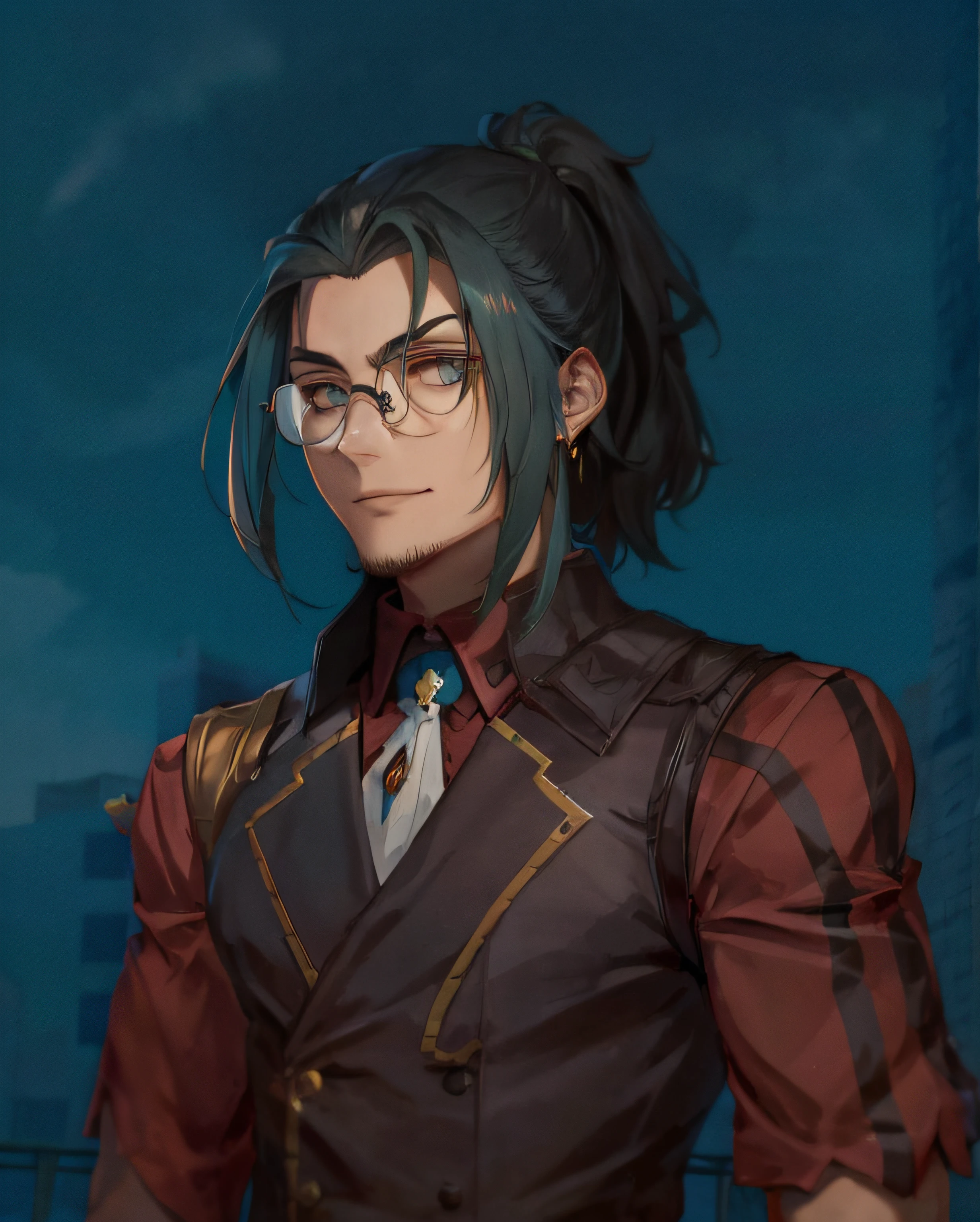 anime character with long hair and glasses standing in front of a building, cara bonito na arte demon slayer, caleb from critical role, Sylas, retrato detalhado do caractere, arte oficial do personagem, um retrato de personagem, Retrato anime de um homem bonito, casimiro arte, Retrato de fin wildcloak, sorriso roguish, um retrato do personagem, retrato da arte do personagem