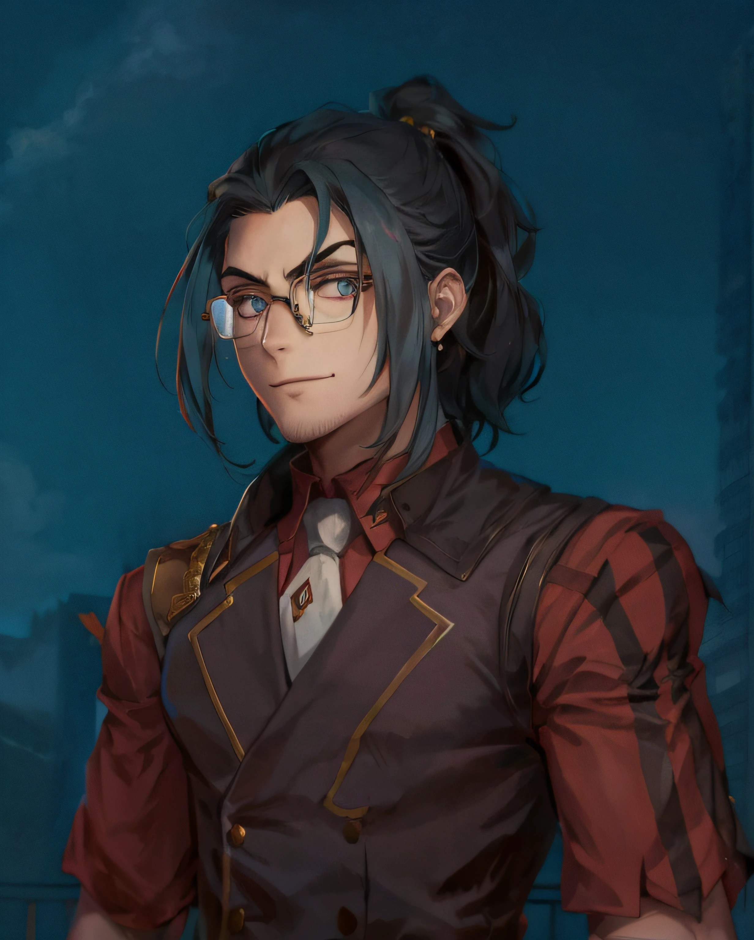 anime character with long hair and glasses standing in front of a building, cara bonito na arte demon slayer, caleb from critical role, Sylas, retrato detalhado do caractere, arte oficial do personagem, um retrato de personagem, Retrato anime de um homem bonito, casimiro arte, Retrato de fin wildcloak, sorriso roguish, um retrato do personagem, retrato da arte do personagem