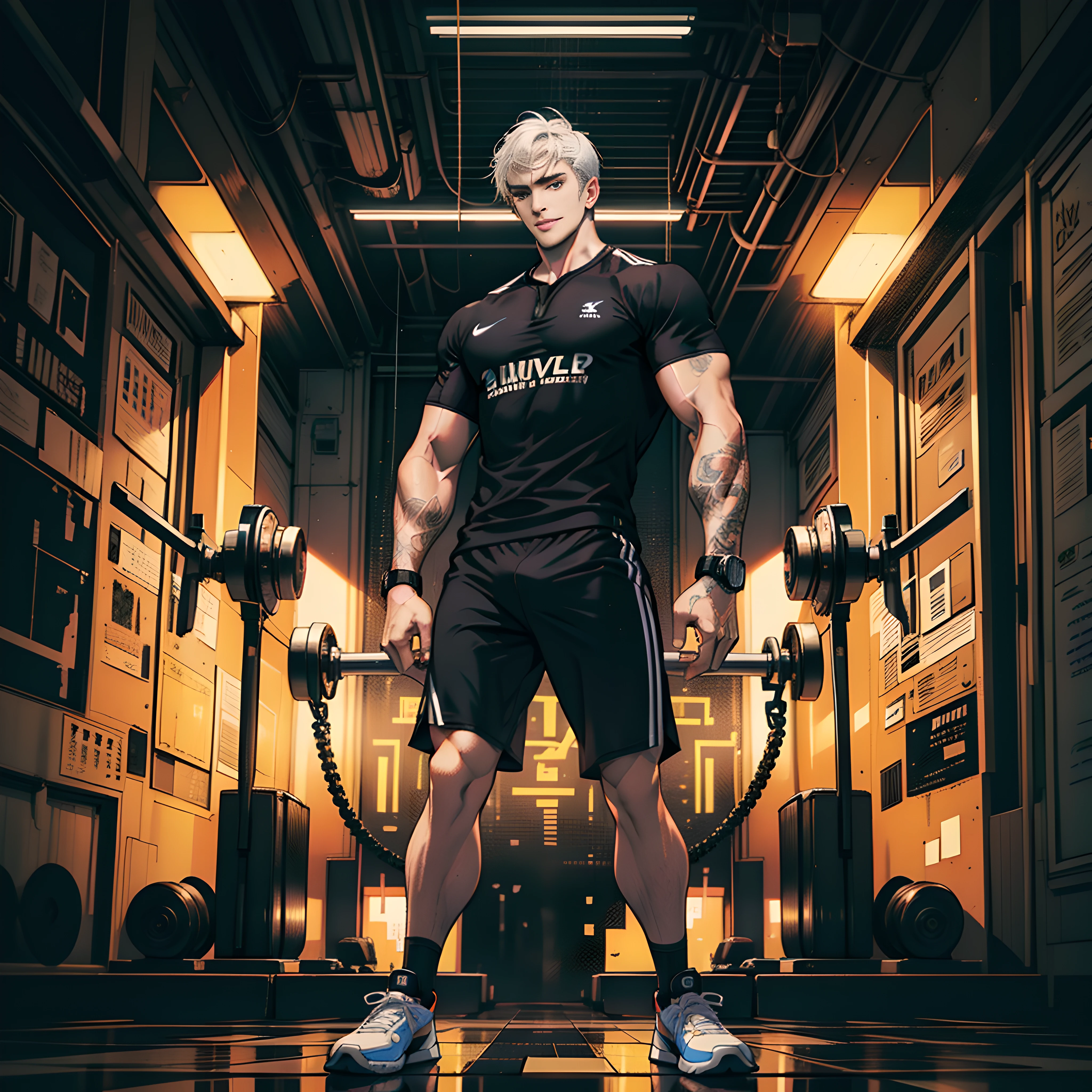 Best quality，masterpaintings，Ultra-high resolution fills the picture，A gym with a black and yellow color scheme，Night indoor black and yellow background color scheme，Neon lights，Sports trends，A male，A muscle,Toned body，idol，Black sportswear,Liquid color matching clothing,Complicated background，Weight instruments in the background，High-tech screen in the background，Sports equipment，Lateral face，A smug smile，Dress less，There are fitness elements in the rear，Nike brand，Tech gym，Perfect face，8K quality，Cyberpunk，sense of science and technology，Character backlighting，rim-light，Movement changes，short hair style，Loose hairstyle,Silver hair，The number of fingers is refined，Wear an electronic digital watch，Sports headphones，The most handsome boy in mankind，Dye hair,Delicate close-up of the face，Realistic image quality，Super light and shadow，Very good figure，English slogan neon，Runway lights，The brand name is(SONEAR FIT)，Handsome boy，20 yrs old，Handsome,Full body entry