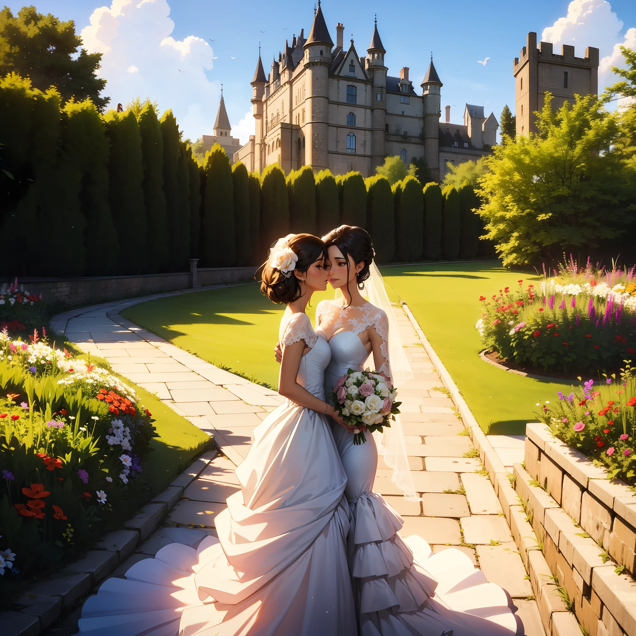 Lesbian Wedding, Two women in wedding dresses, Having a bouquet, Staring at each other, In a flower bed, Old castle in the distance